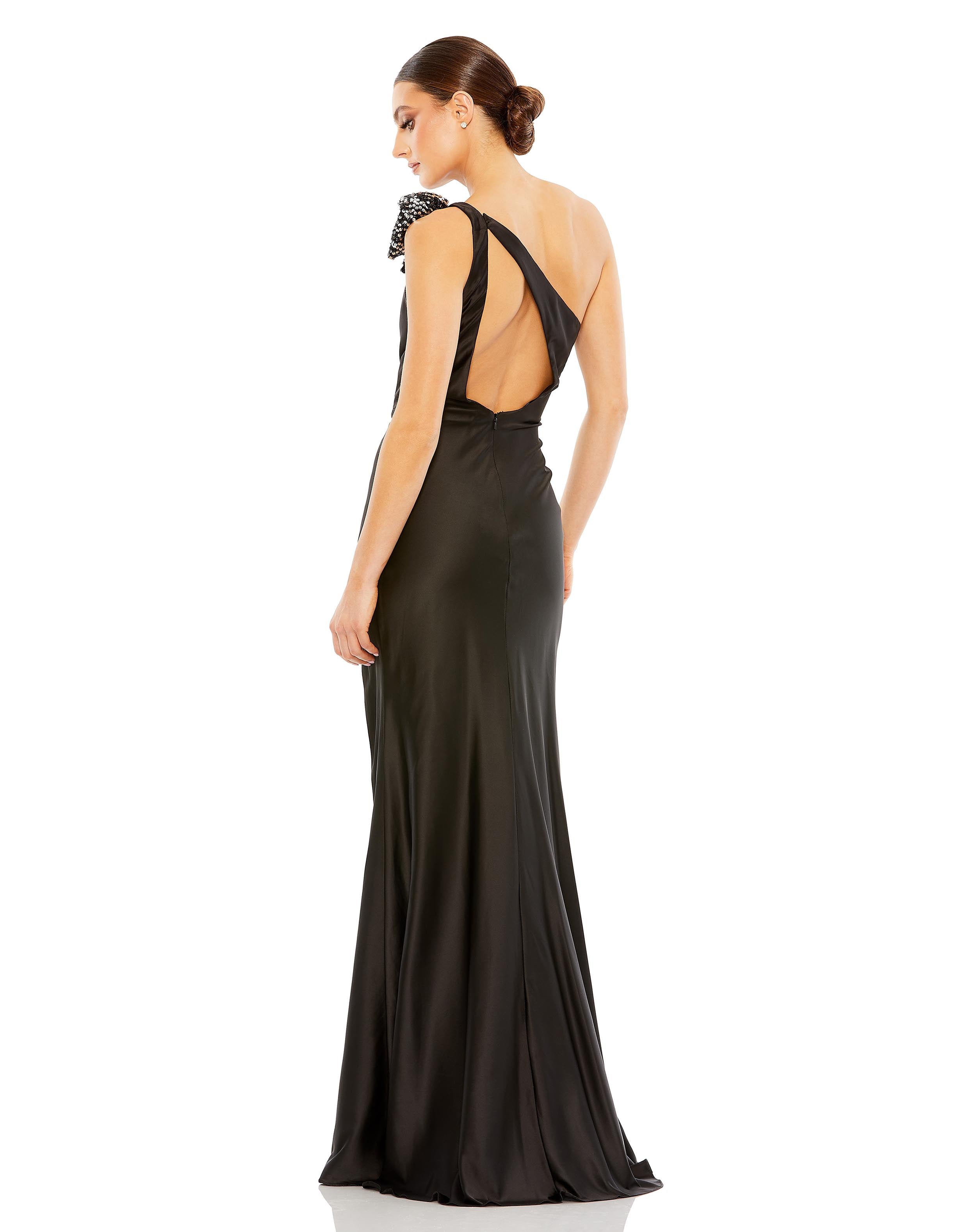 Sequined Bow Detail One Shoulder Trumpet Gown