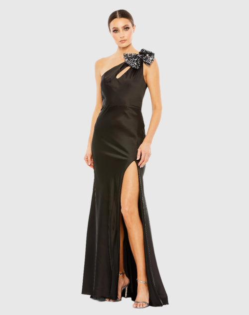 Sequined Bow Detail One Shoulder Trumpet Gown