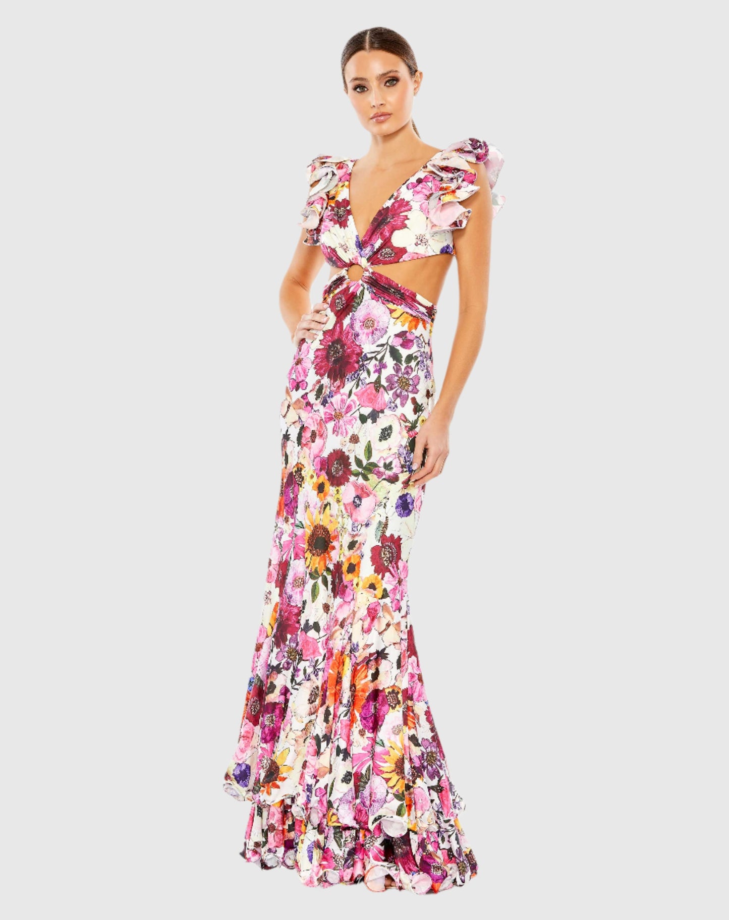 Floral Print Ruffle Shoulder Cut Out Gown