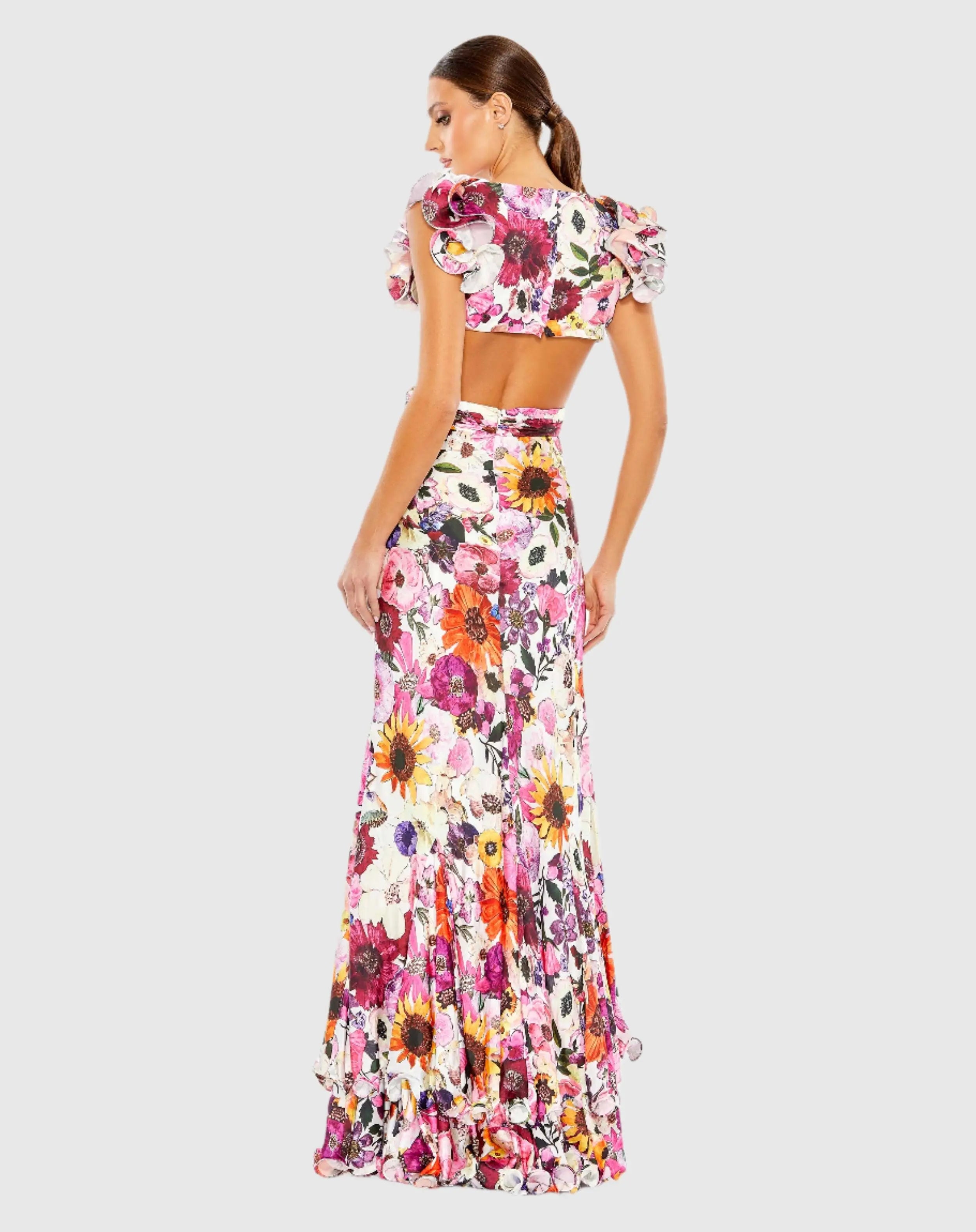 Floral Print Ruffle Shoulder Cut Out Gown - Mac Duggal