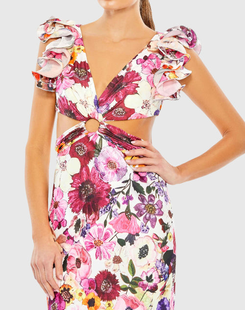 Floral Print Ruffle Shoulder Cut Out Gown