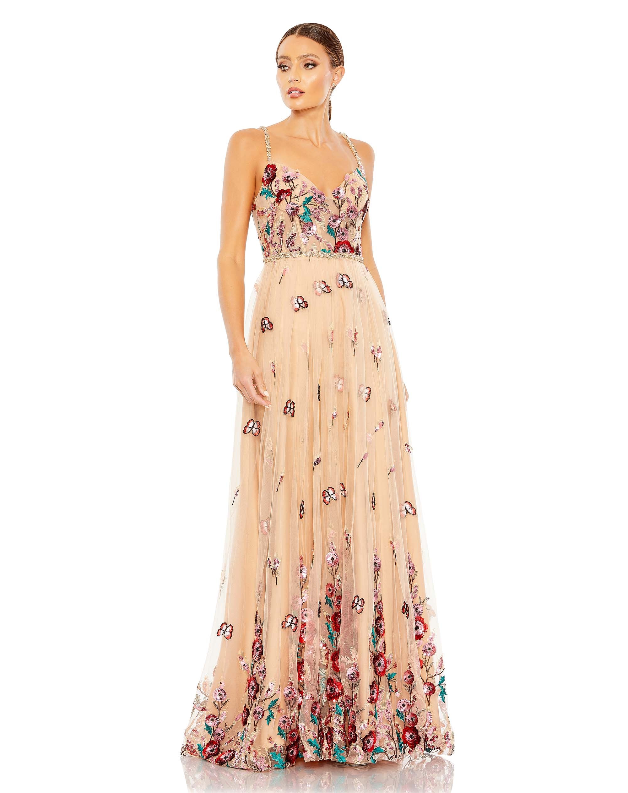 Embellished A Line Gown with Floral Detail