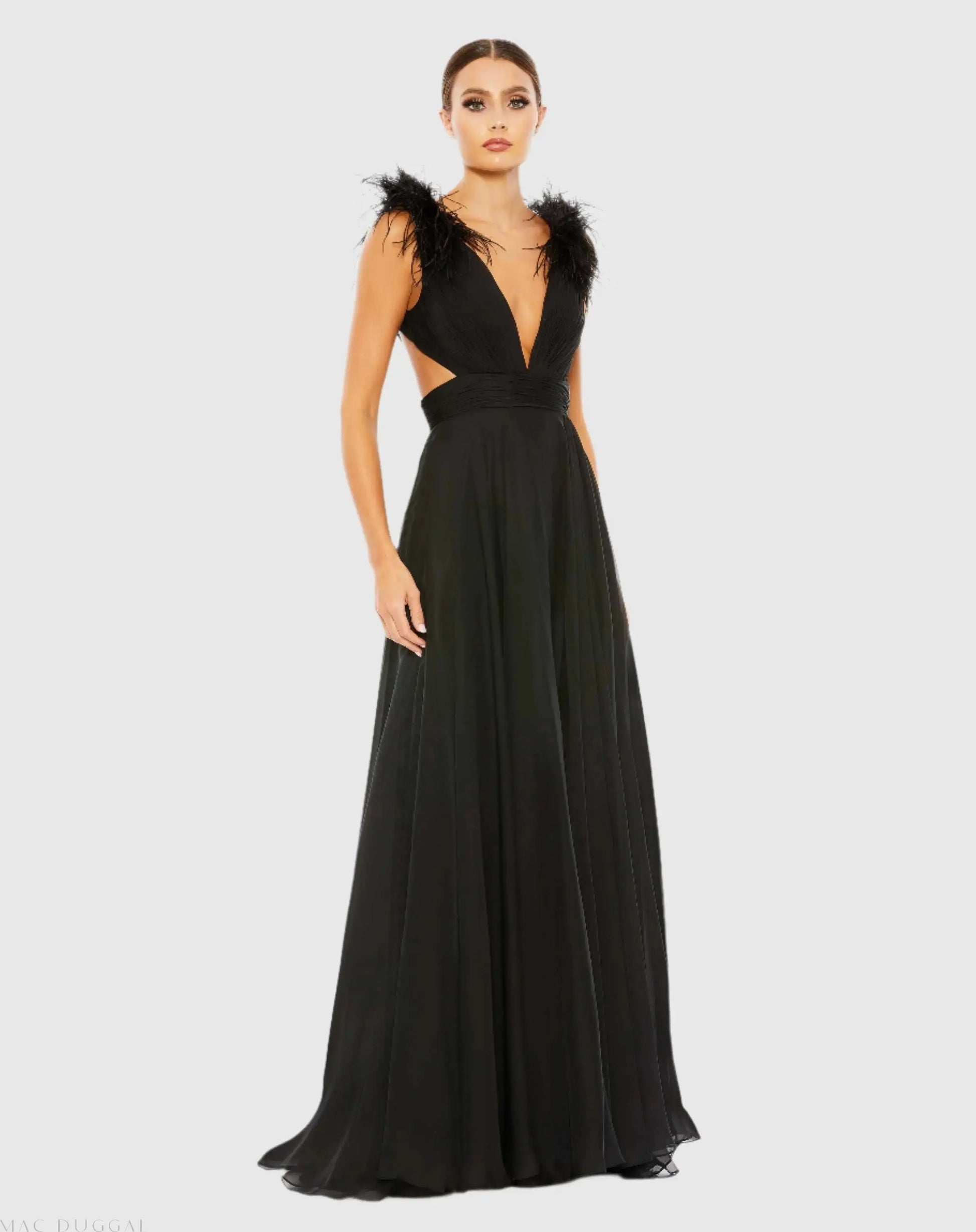 Black Plunge Neck A Line Gown With Feather Detail | Mac Duggal Black Plunge Neck A Line Gown With Feather Detail | Mac Duggal