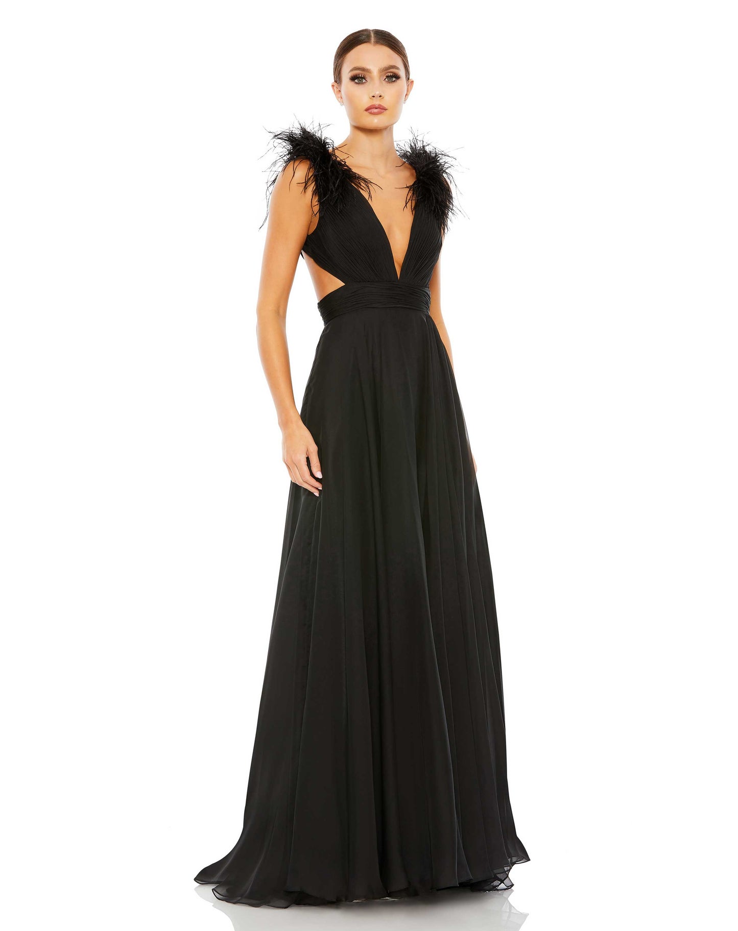 Plunge Ostrich Feather A Line Gown