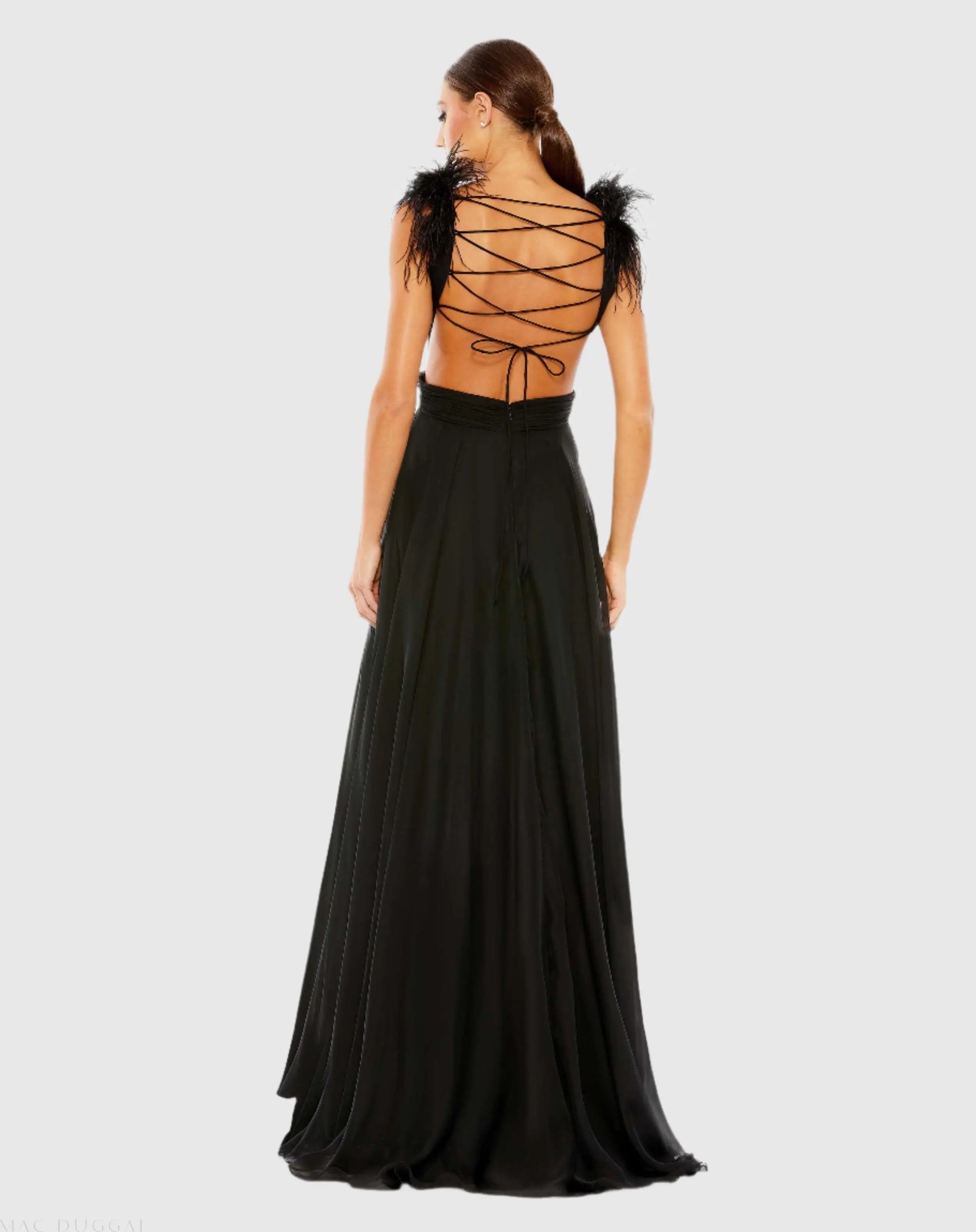 Black Plunge Ostrich Feather A Line Gown | Mac Duggal US 4 Black Plunge Ostrich Feather A Line Gown | Mac Duggal US 4