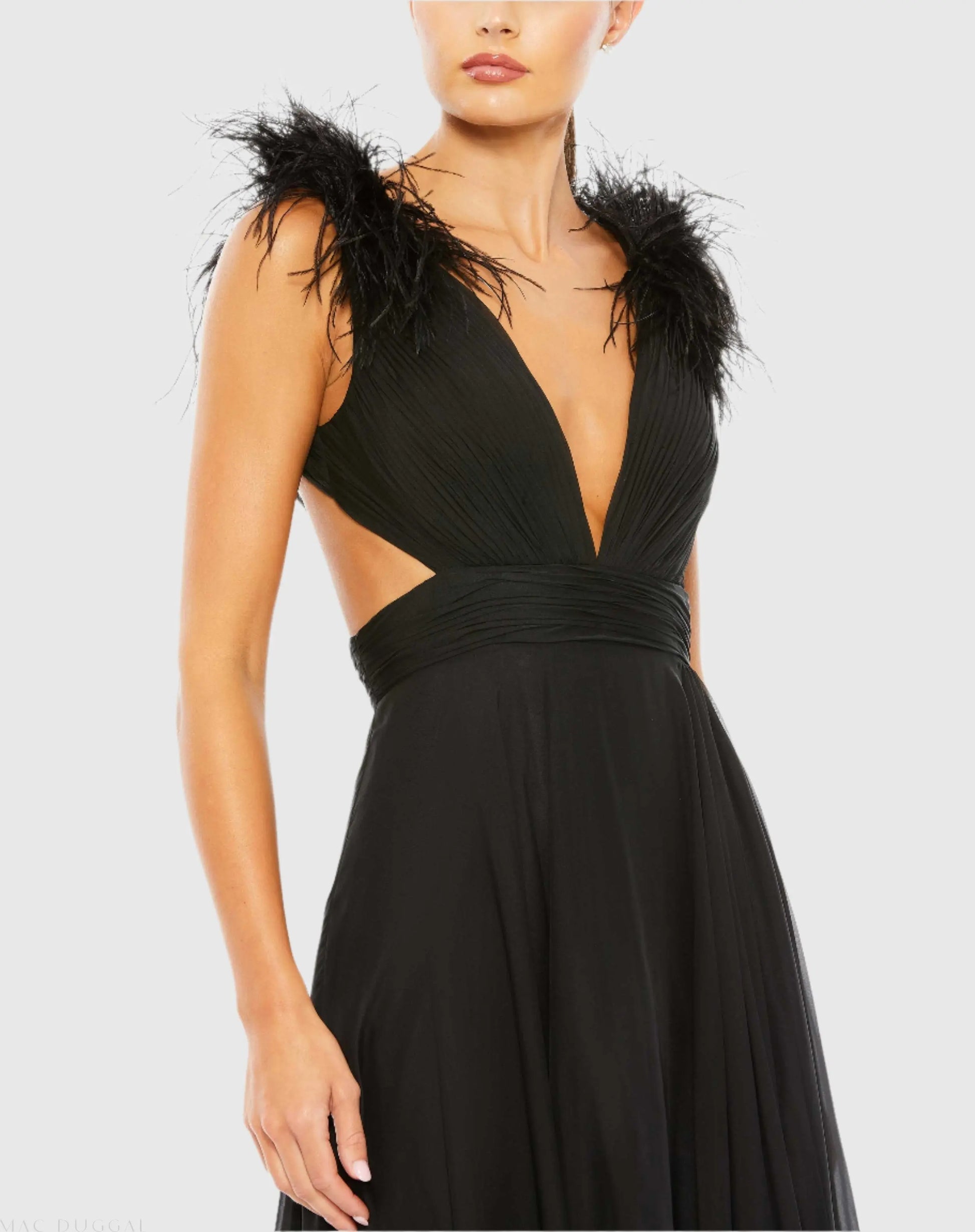 Black Plunge Neck A Line Gown With Feather Detail | Mac Duggal Black Plunge Neck A Line Gown With Feather Detail | Mac Duggal