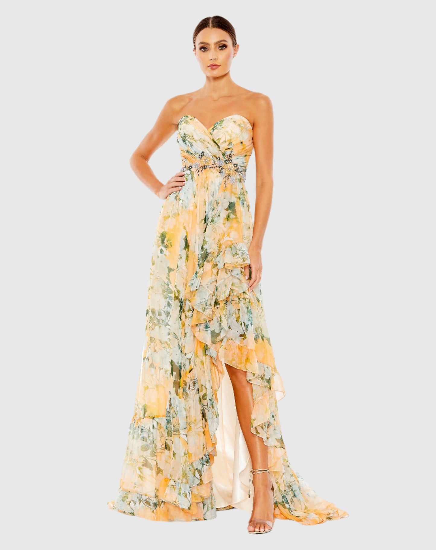 Ruffled Asymmetrical Hem Strapless Gown