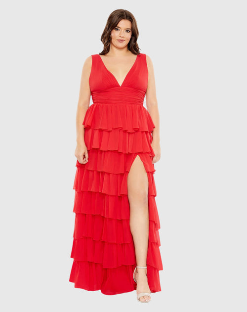 Ruffle Tiered Sleeveless V Neck Gown (Plus)