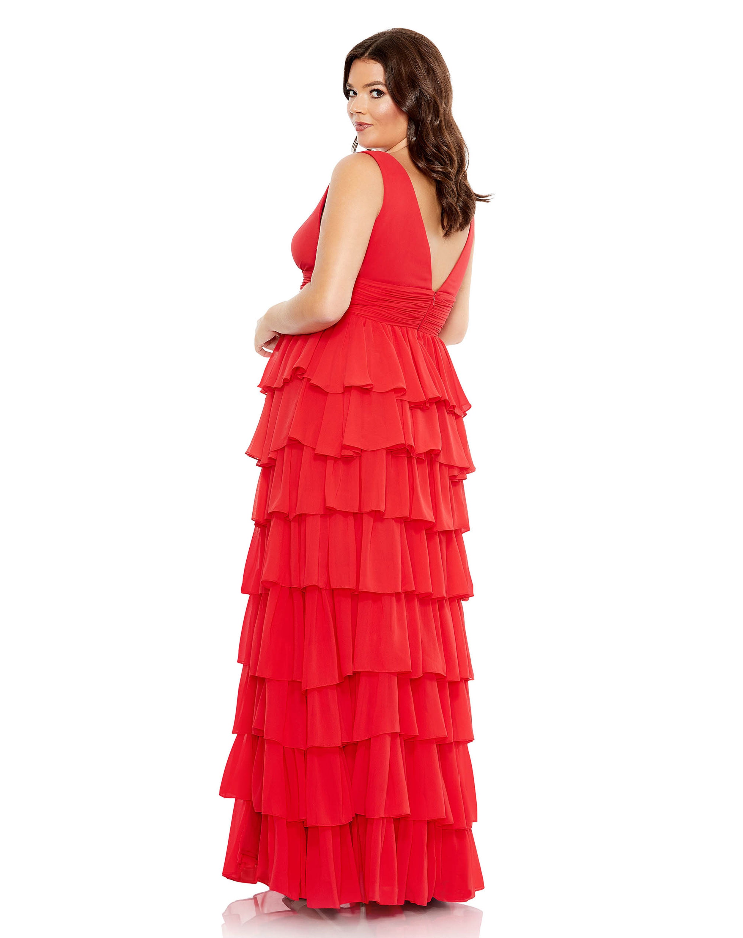 Ruffle Tiered Sleeveless V Neck Gown (Plus)
