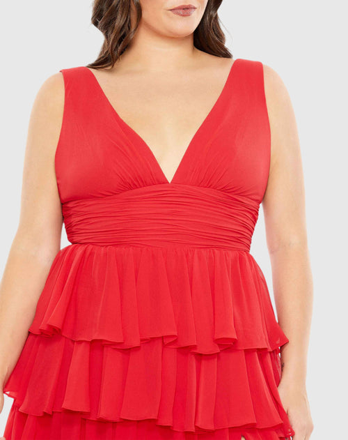 Ruffle Tiered Sleeveless V Neck Gown (Plus)