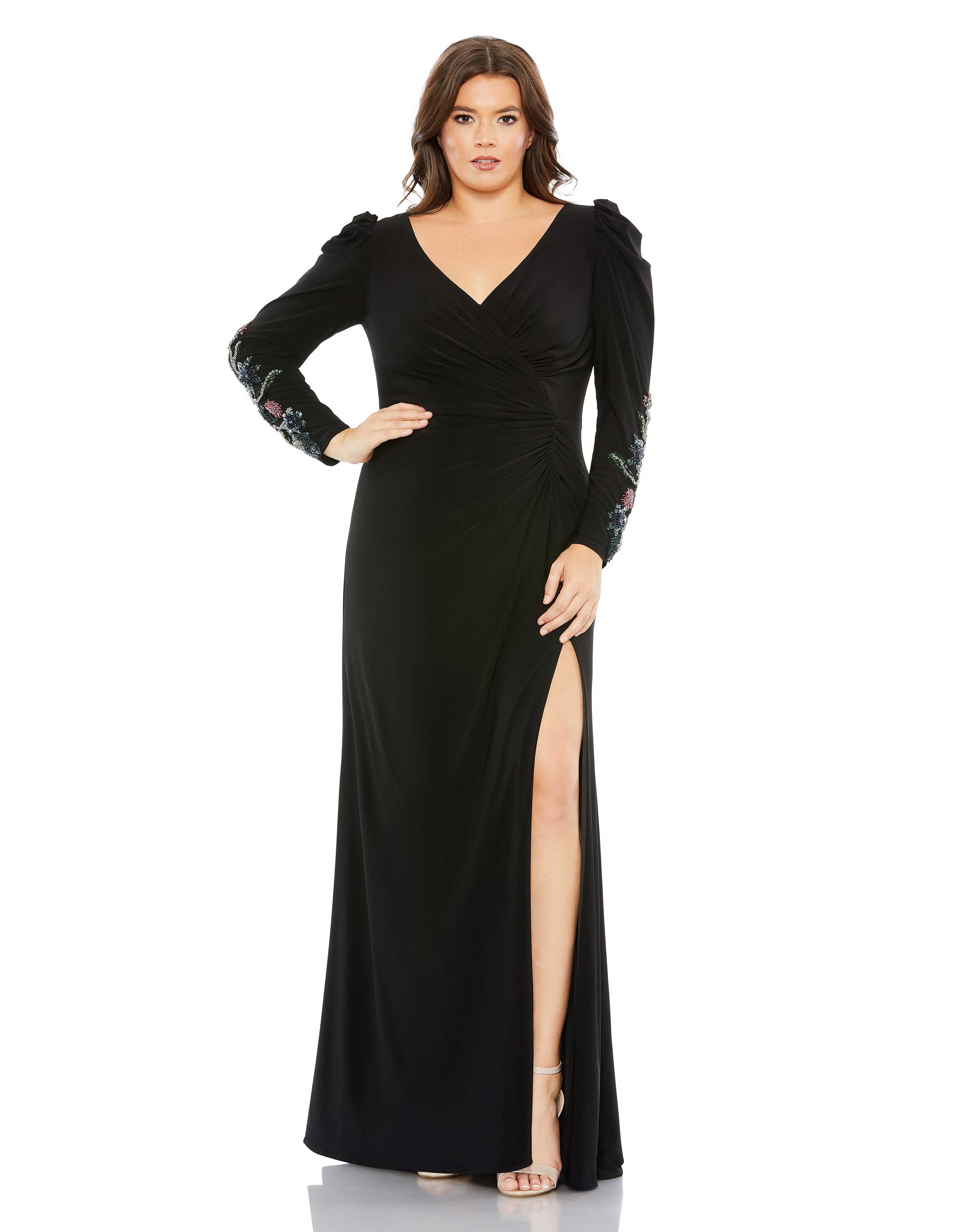 Embellished Long Sleeve Faux Wrap Gown (Plus)