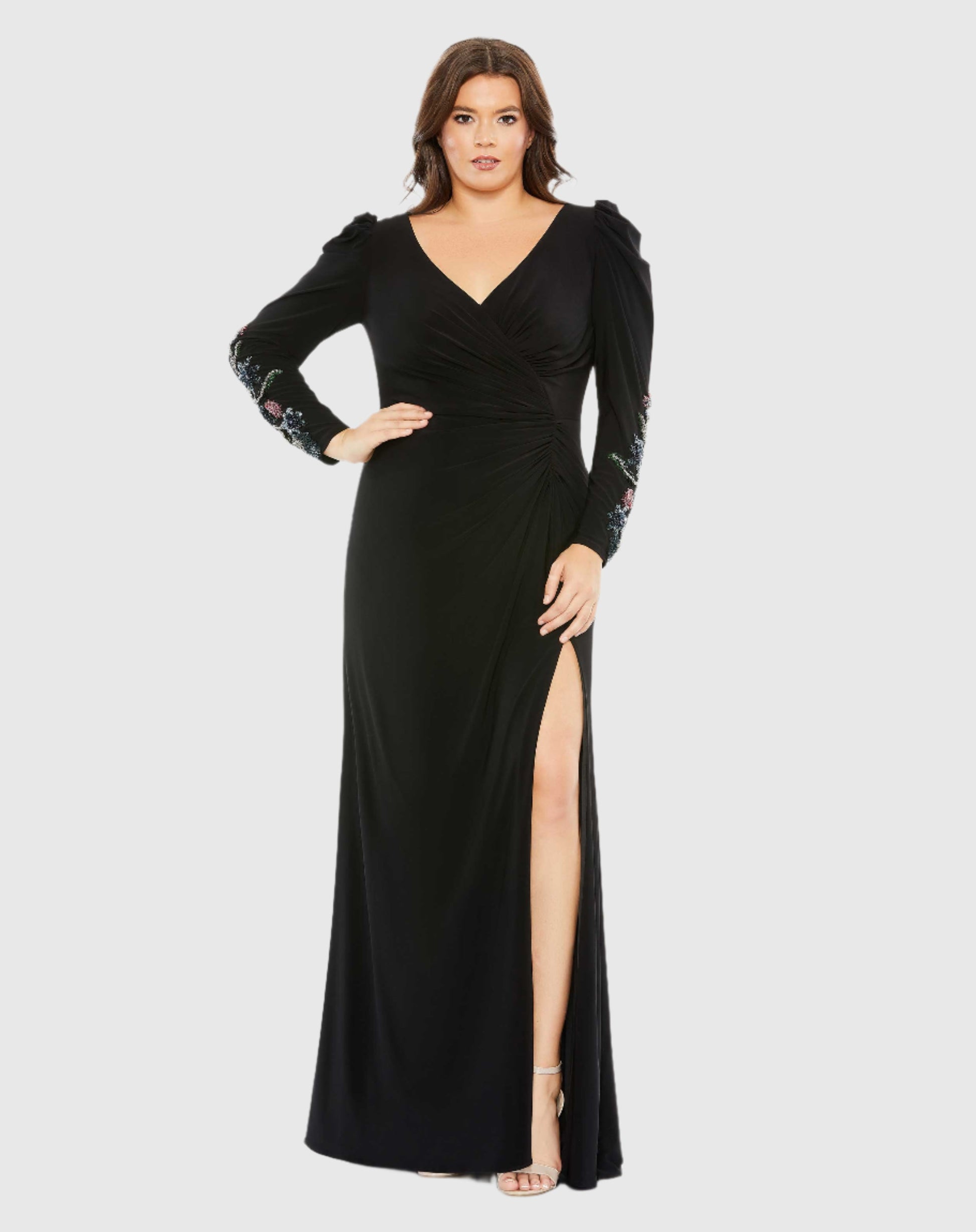 Embellished Long Sleeve Faux Wrap Gown