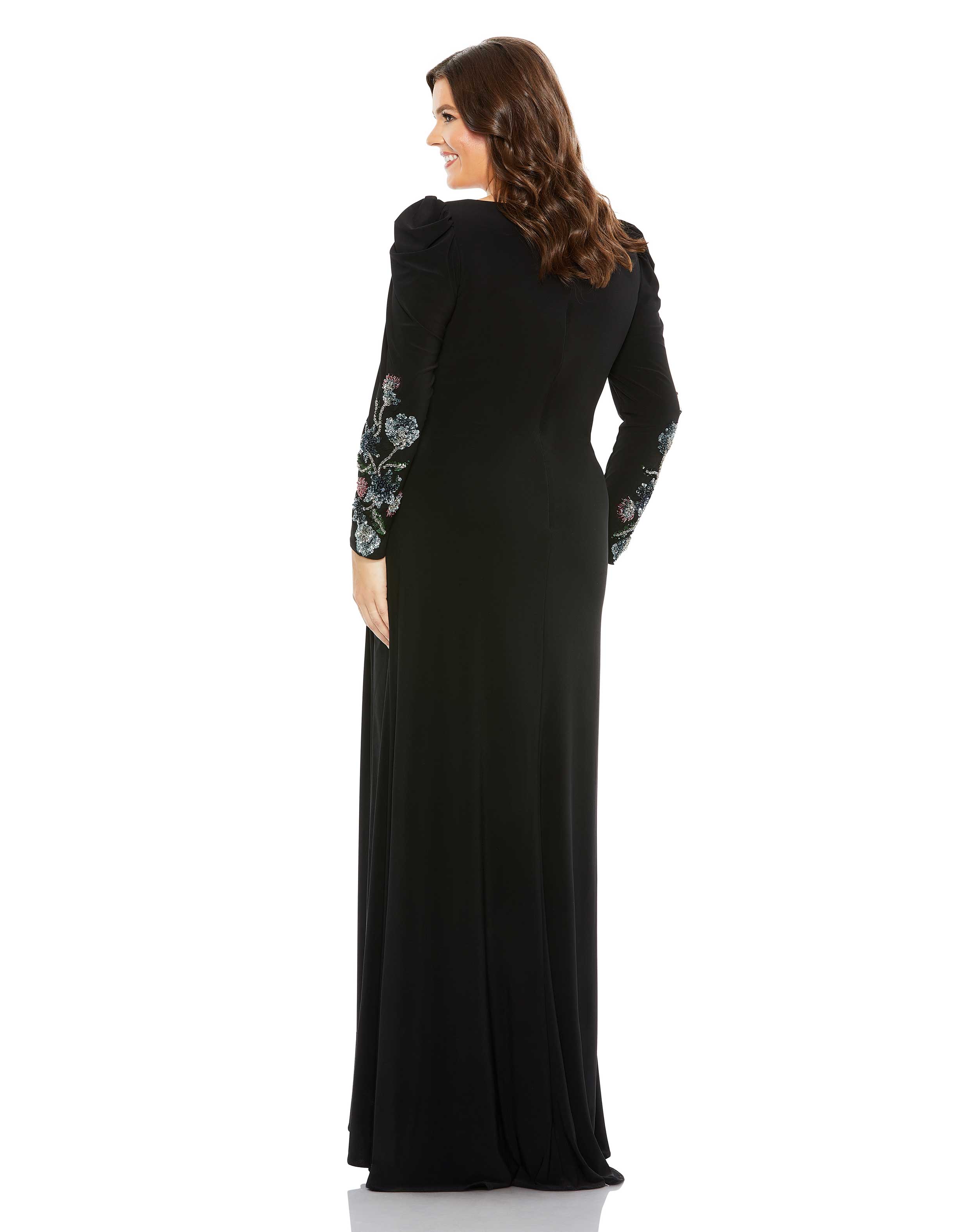 Embellished Long Sleeve Faux Wrap Gown (Plus)