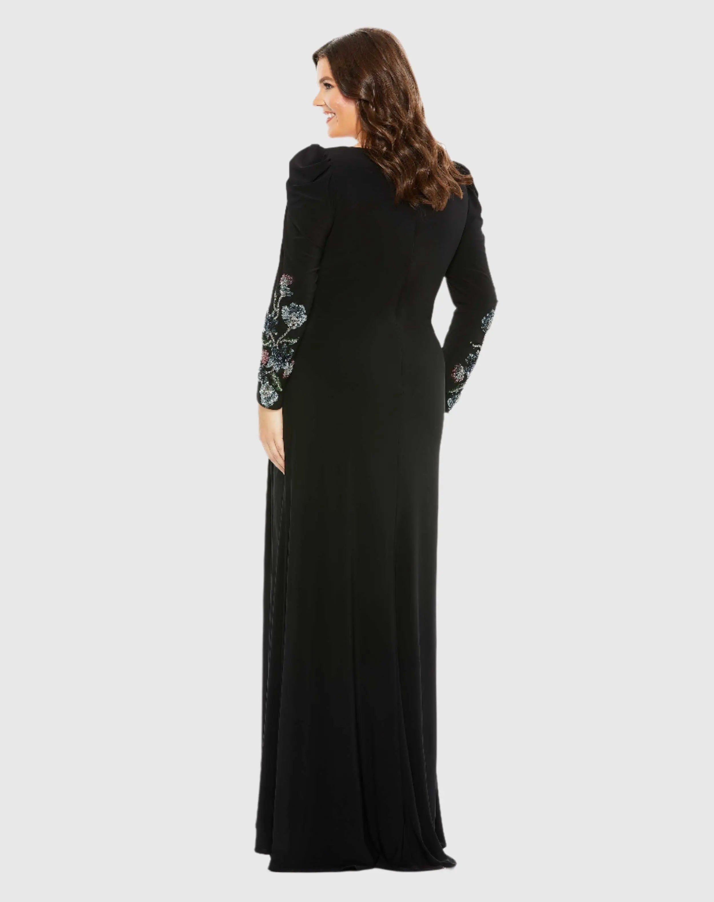 Embellished Long Sleeve Faux Wrap Gown (Plus) - Mac Duggal