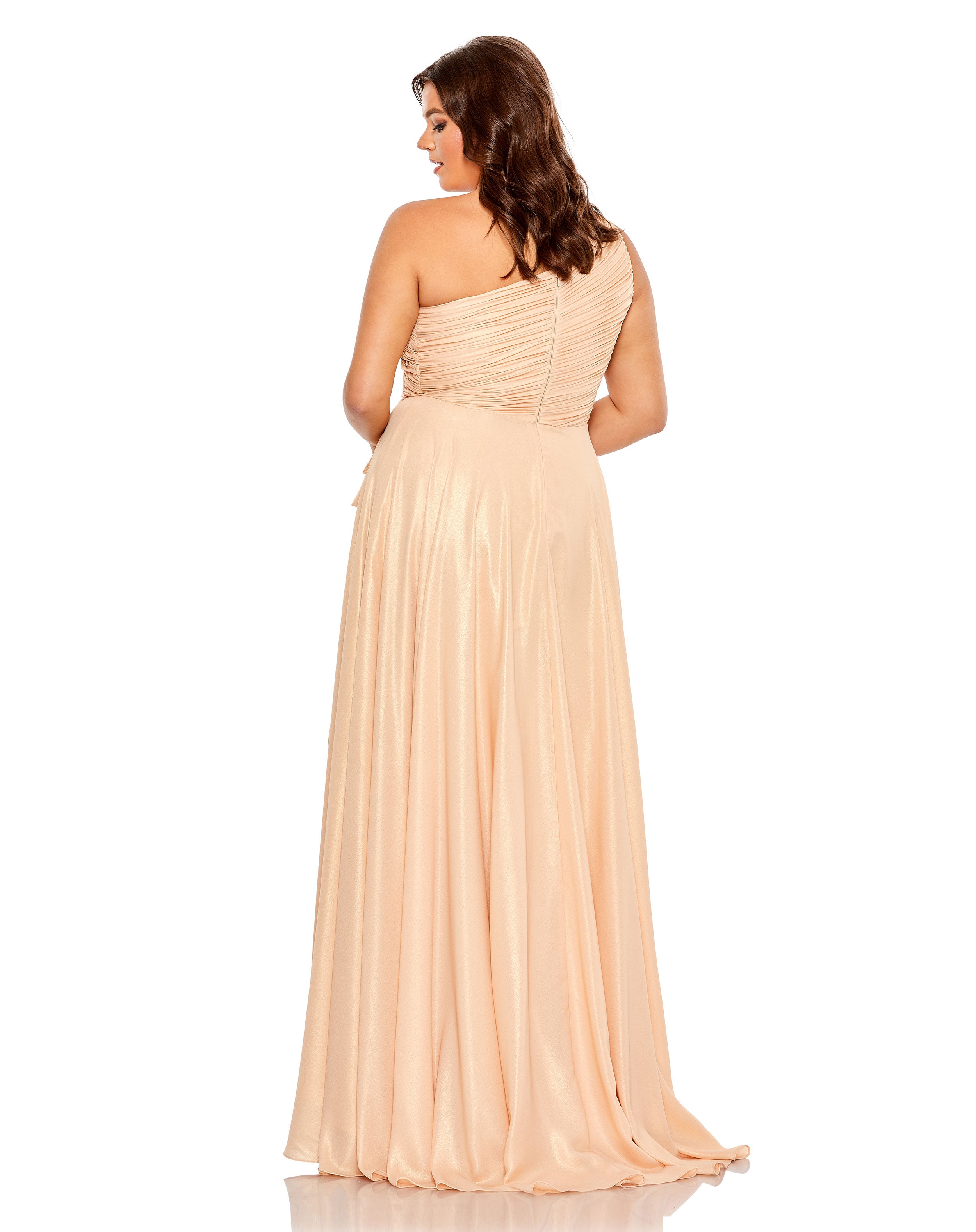 Ruched One Shoulder Soft Tie Draped A Line Gown (Plus)