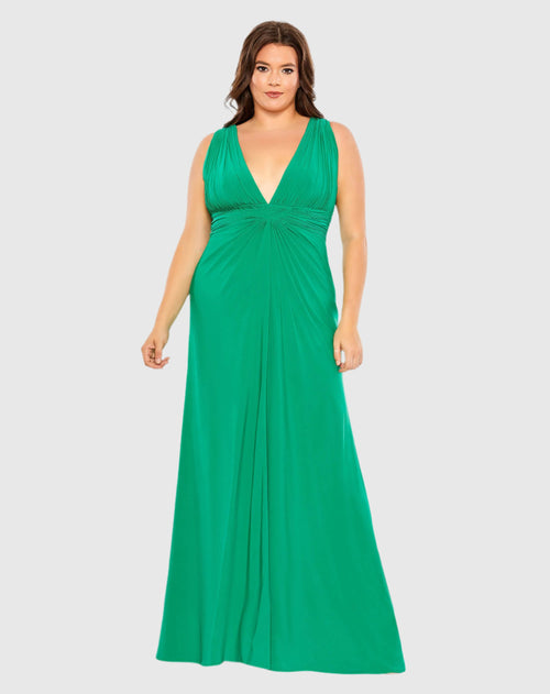 Draped V Neck Sleeveless A Line Gown