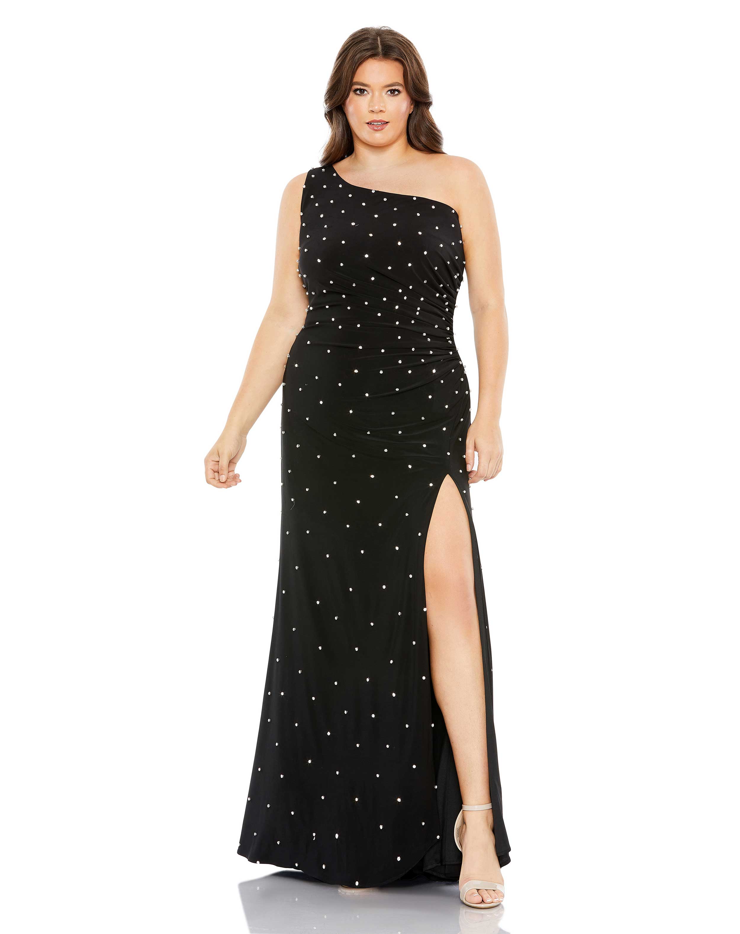 Jewel Encrusted Draped One Shoulder Gown (Plus)