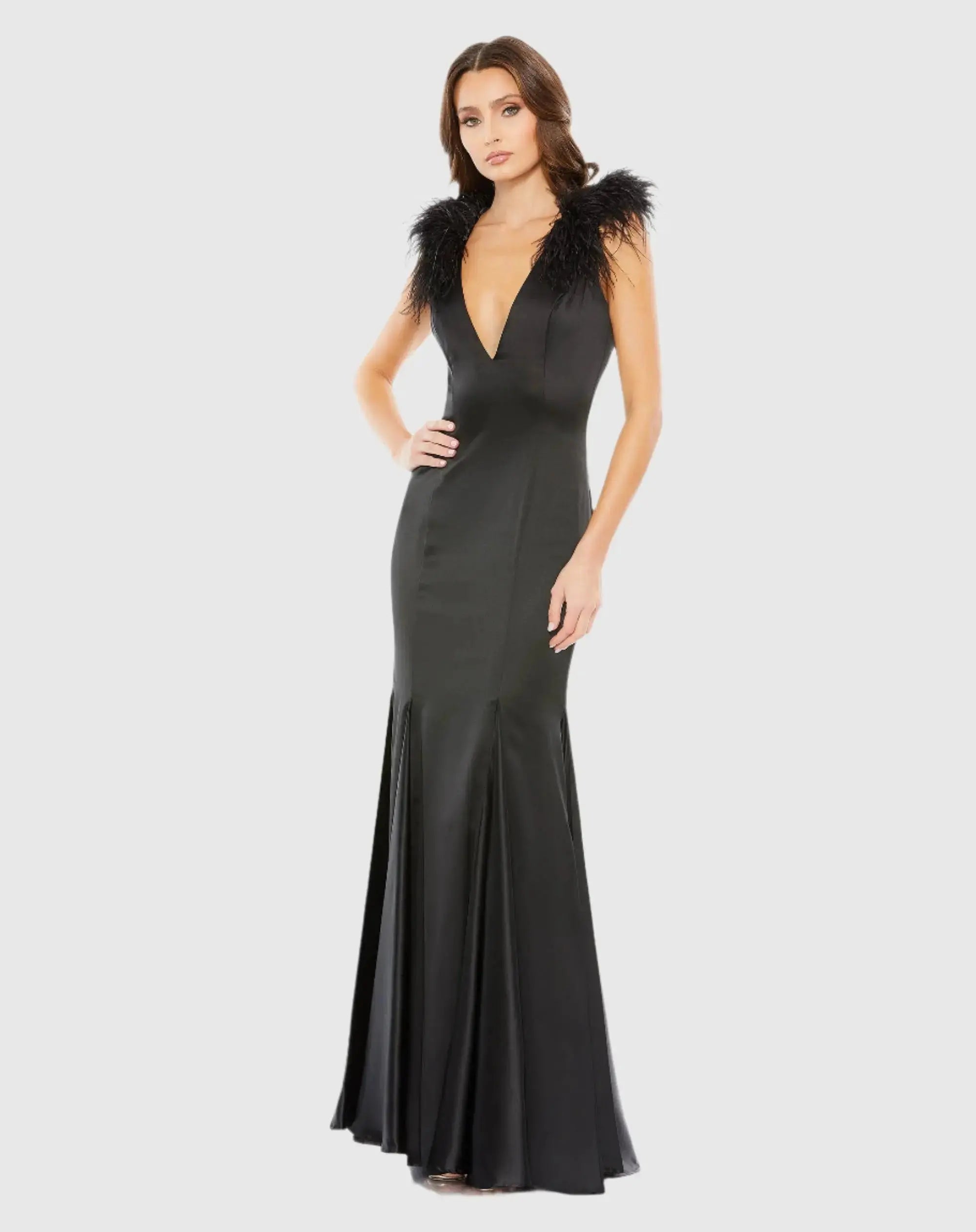Black Feather Shoulder V-Neck Gown - Mac Duggal