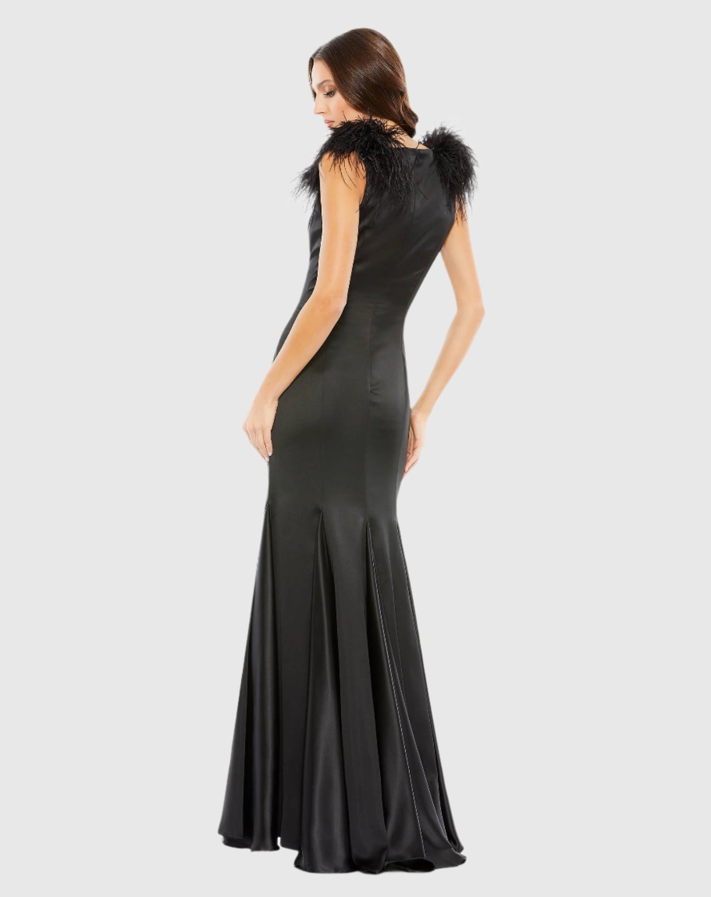 Feather Shoulder V-Neck Column Gown