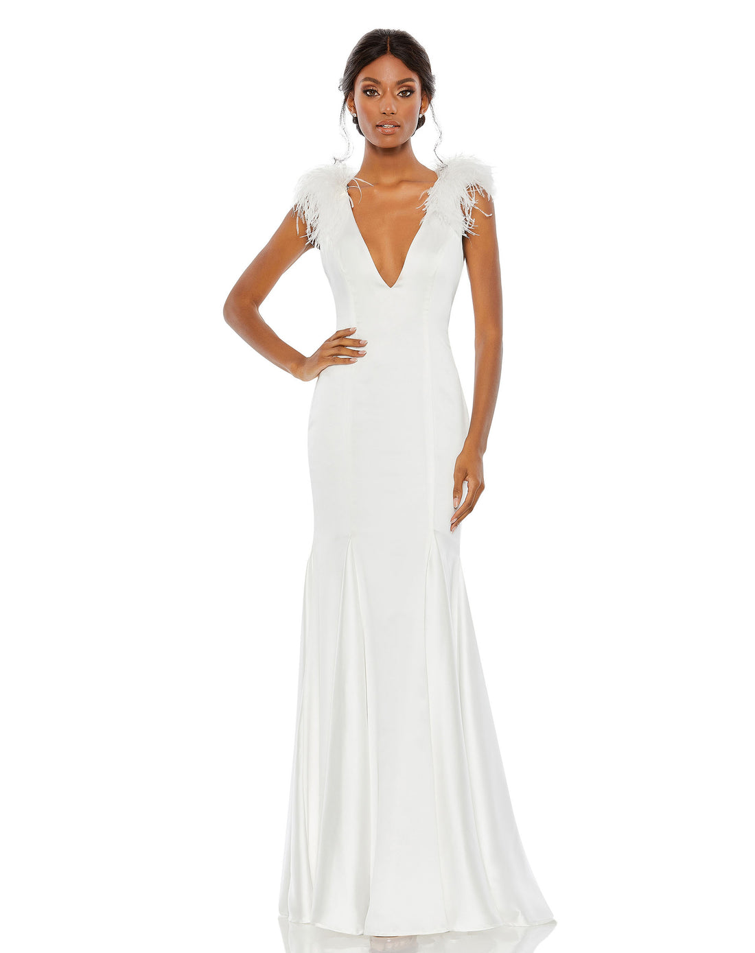 Feather Shoulder V-Neck Column Gown