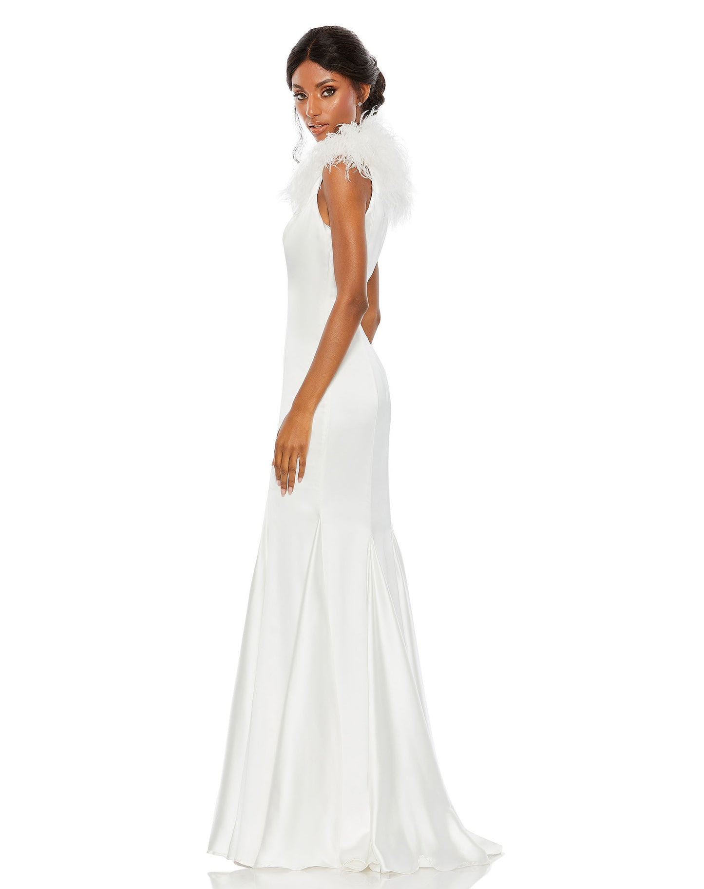 Feather Shoulder V-Neck Column Gown