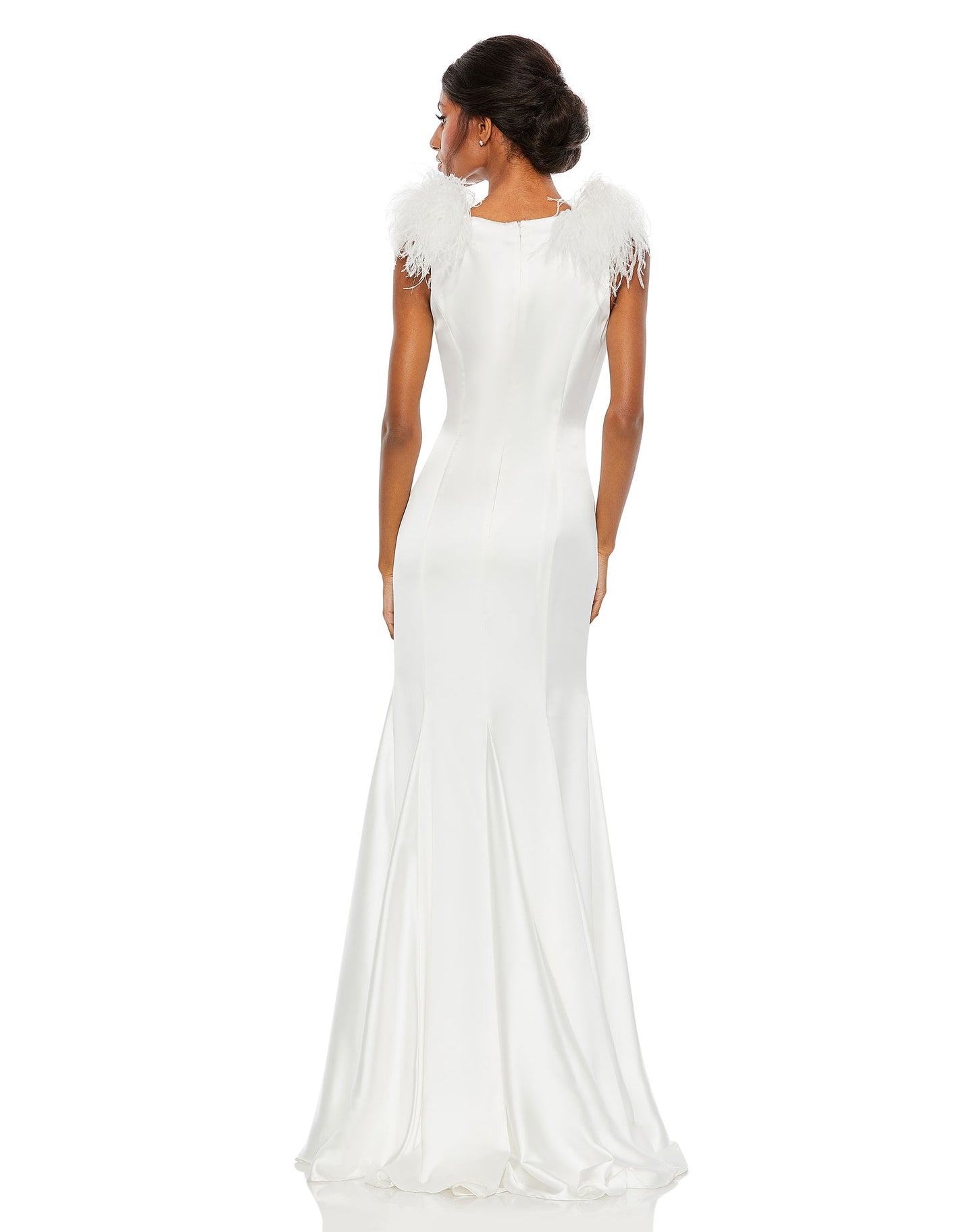 Feather Shoulder V-Neck Column Gown