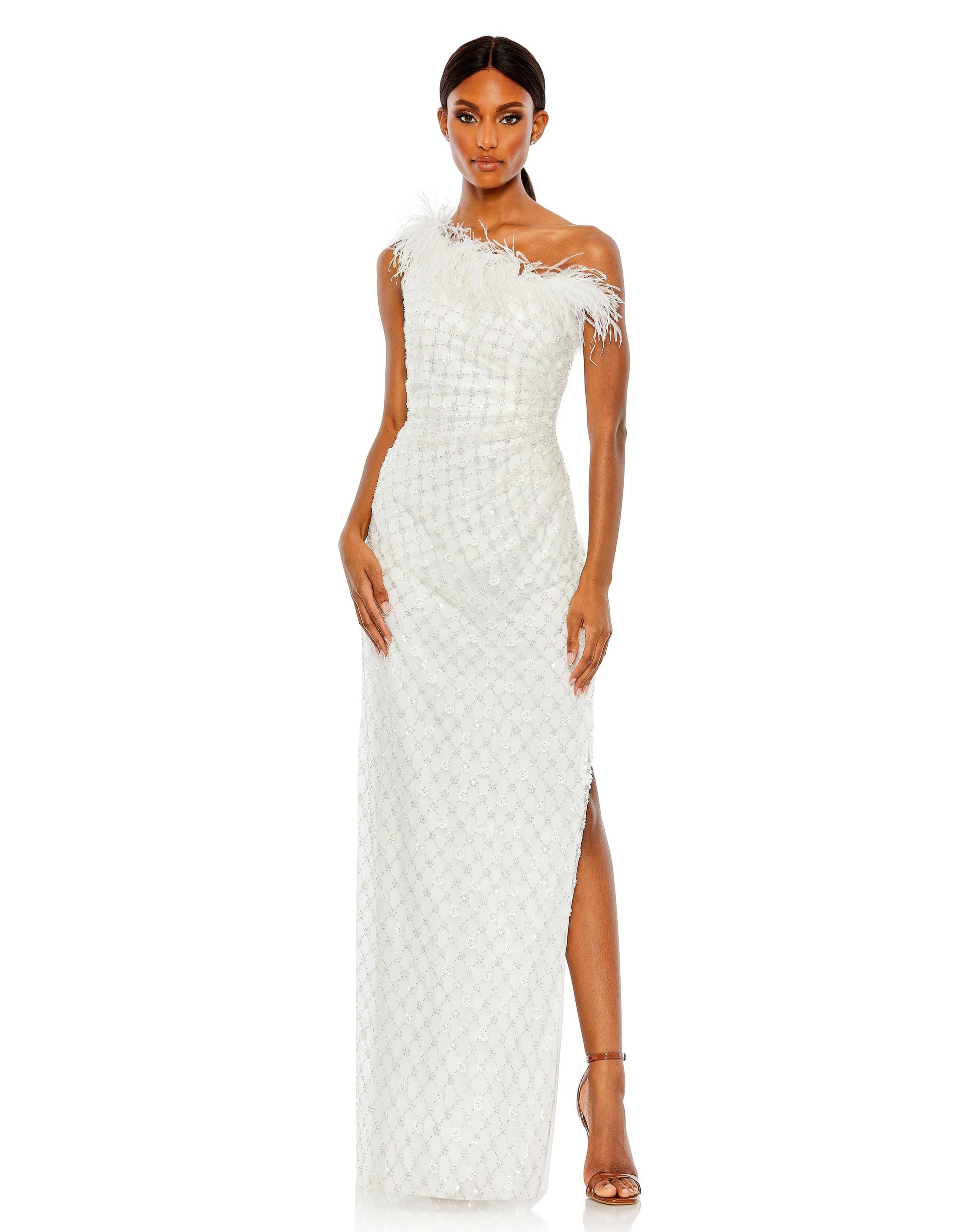 Embellished One Shoulder Gown w/ Ostrich Feathers