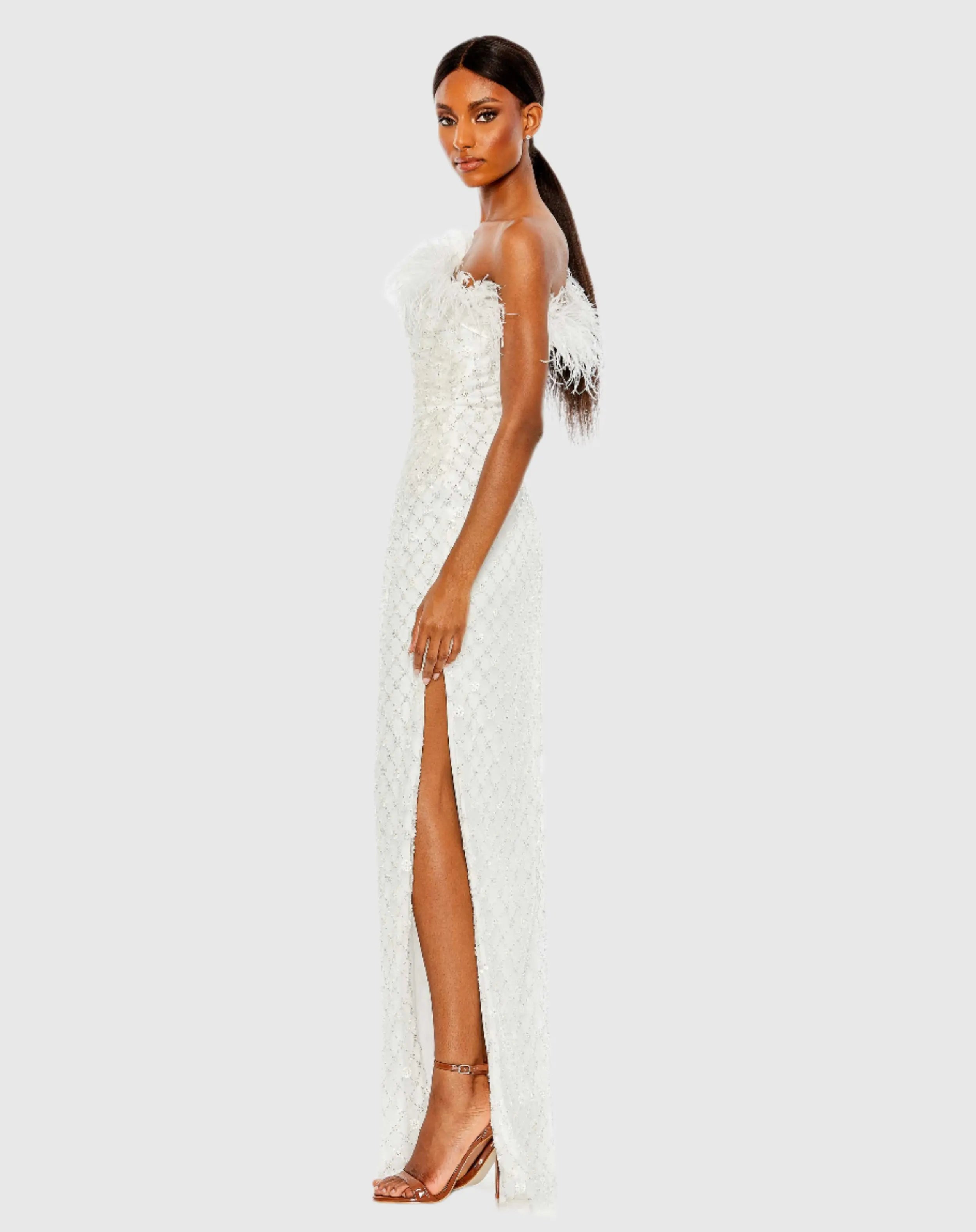 White Embellished One Shoulder Gown w/ Ostrich Feathers - Mac Duggal