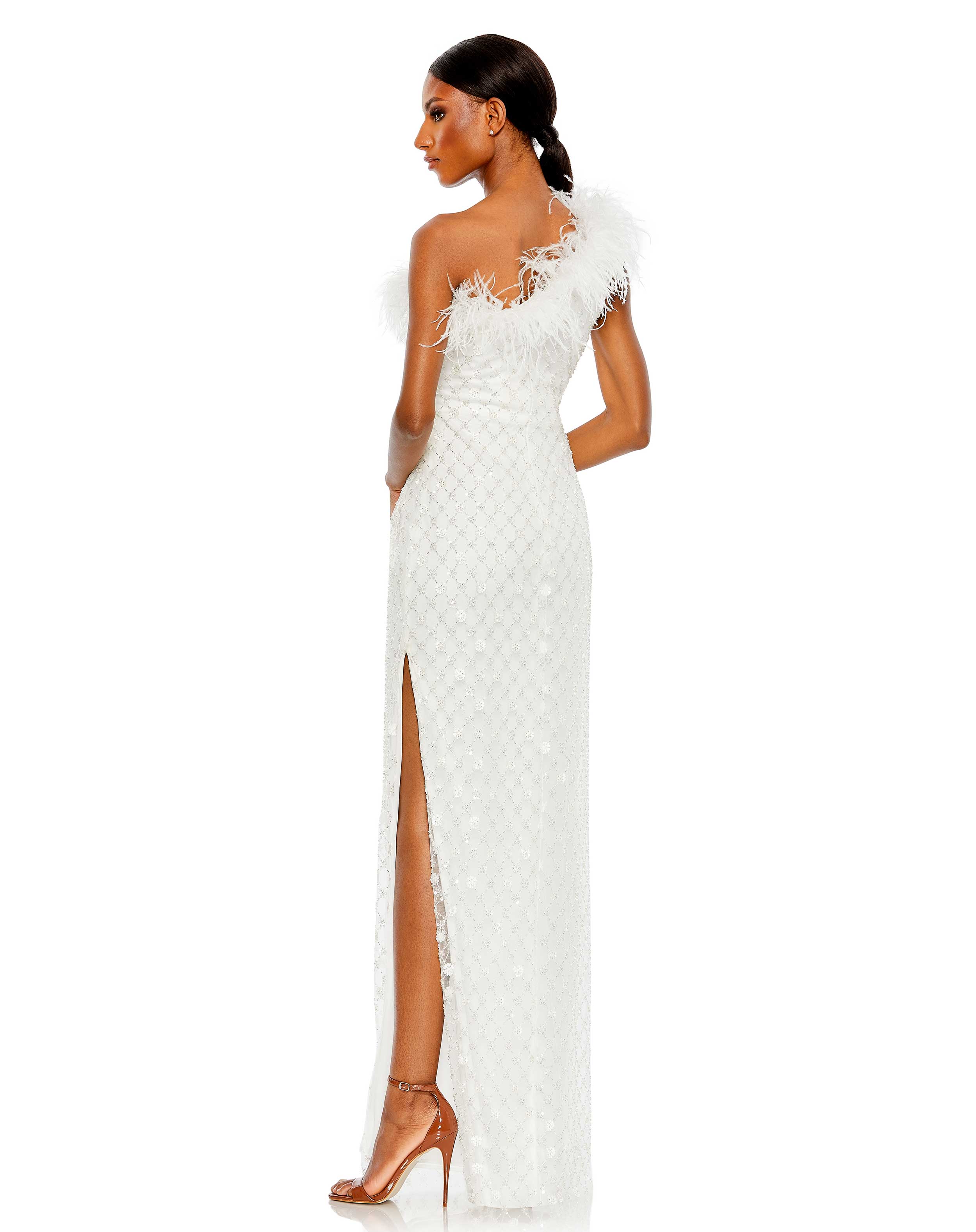 Embellished One Shoulder Gown w/ Ostrich Feathers
