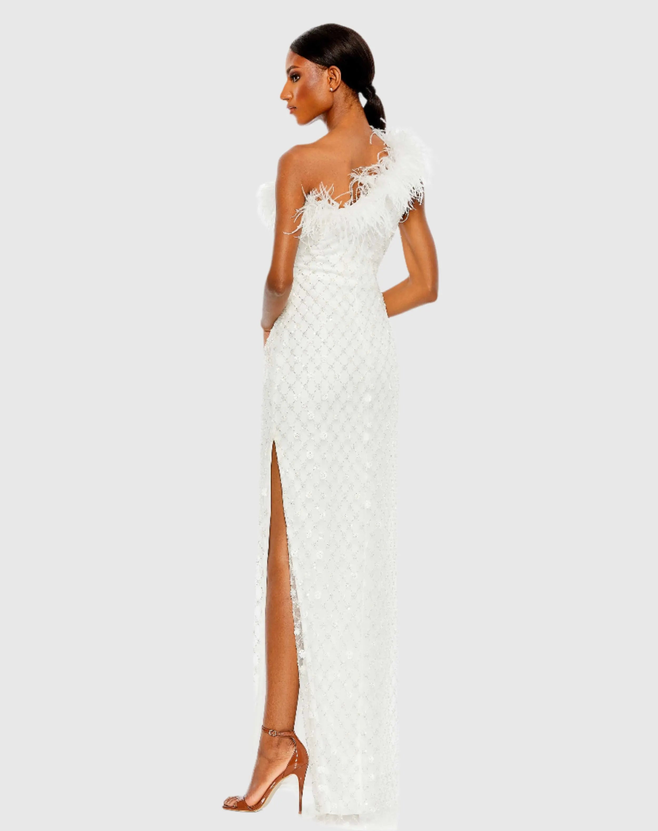 White Embellished One Shoulder Gown w/ Ostrich Feathers - Mac Duggal