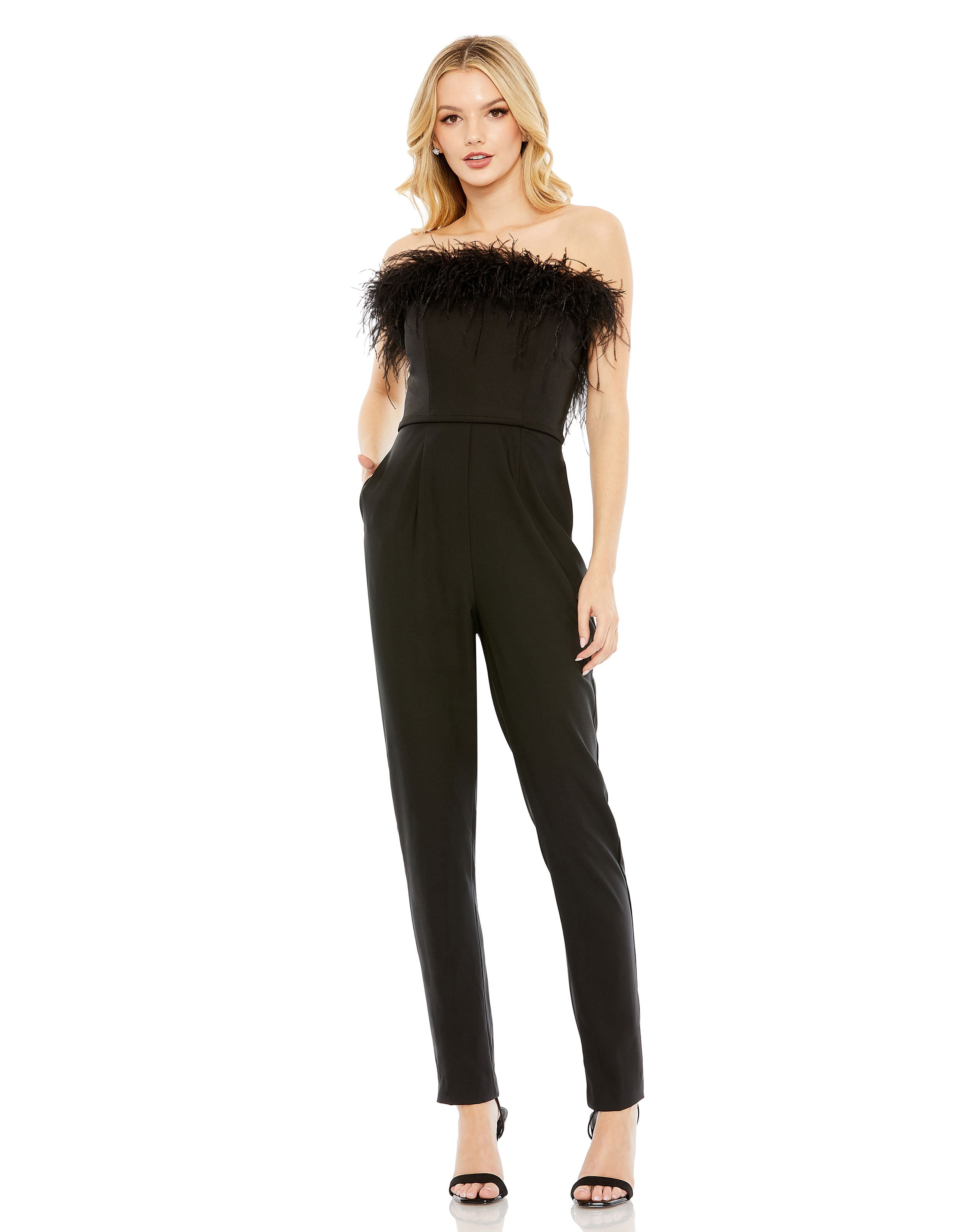 Strapless Jumpsuit with Feather Trim