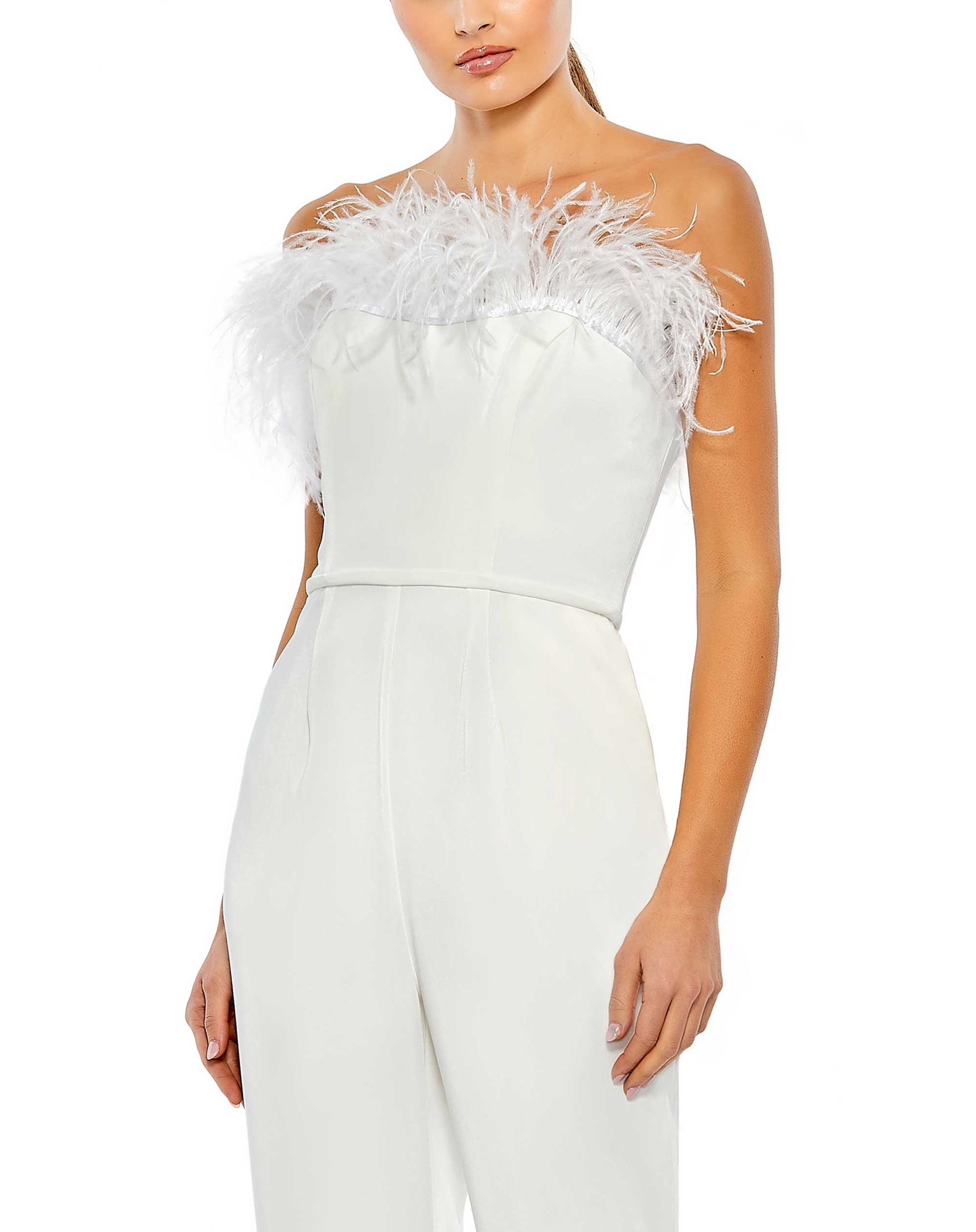 Strapless Jumpsuit with Feather Trim