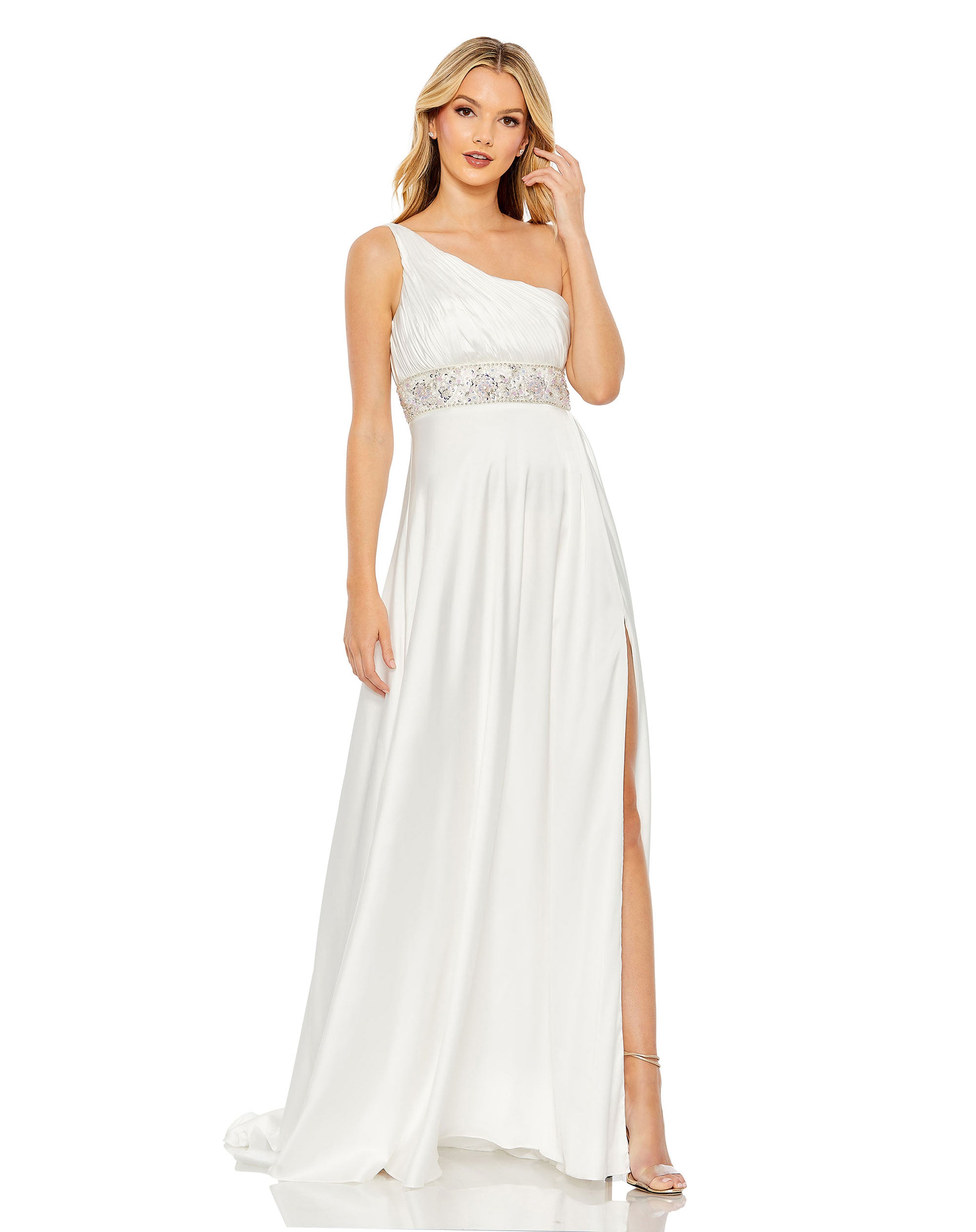Pleated One Shoulder Beaded Waist Gown