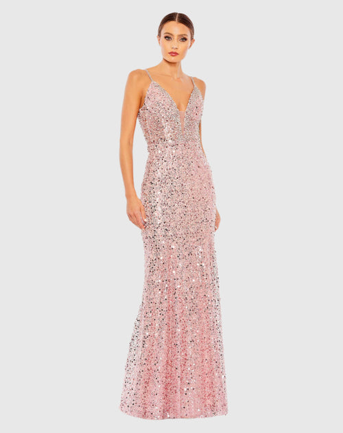 Embellished Plunge Neck Sleeveless Trumpet Gown