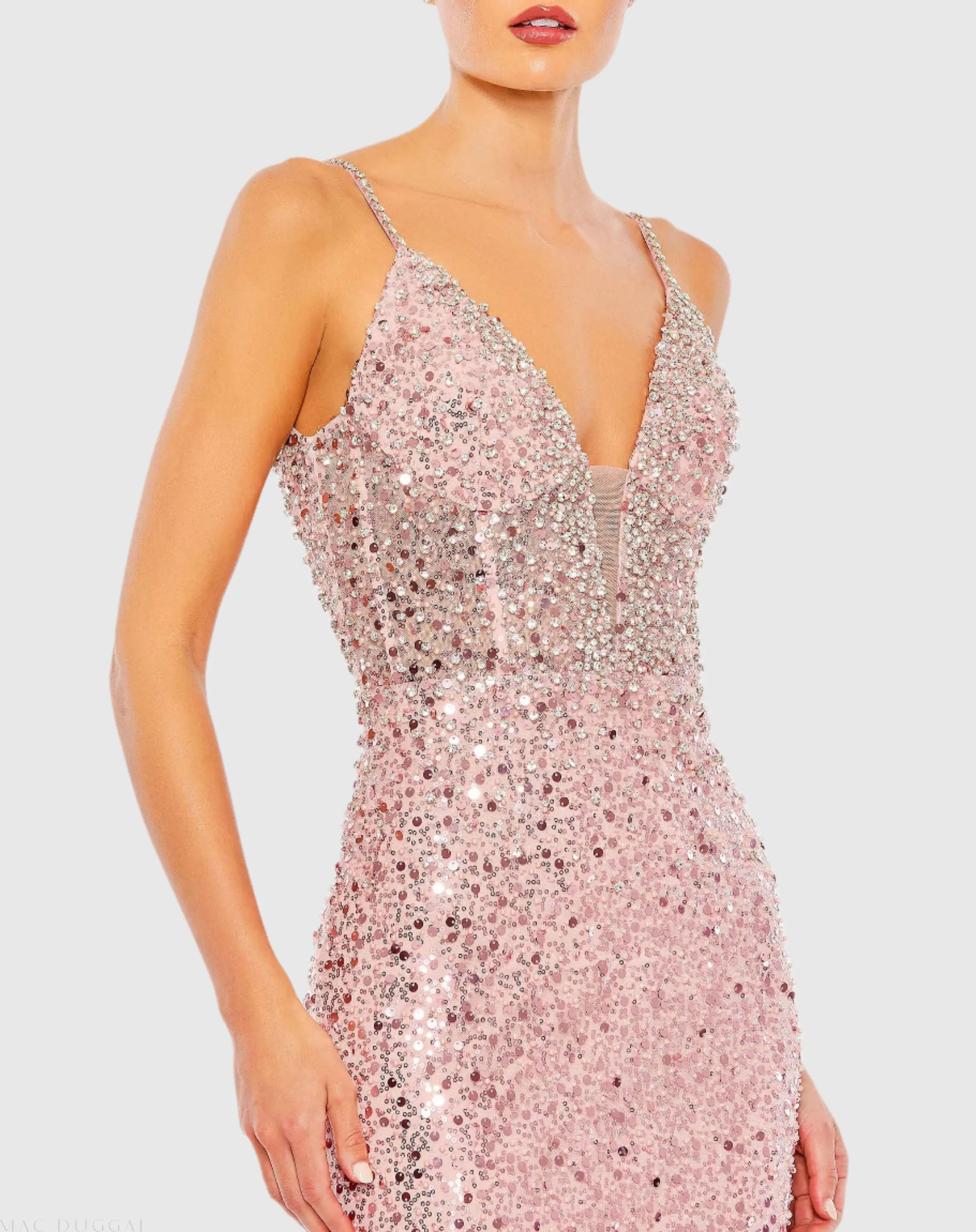 Pink Embellished Plunge Neck Sleeveless Trumpet Gown - Mac Duggal