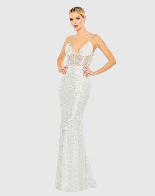 Embellished Plunge Neck Sleeveless Trumpet Gown