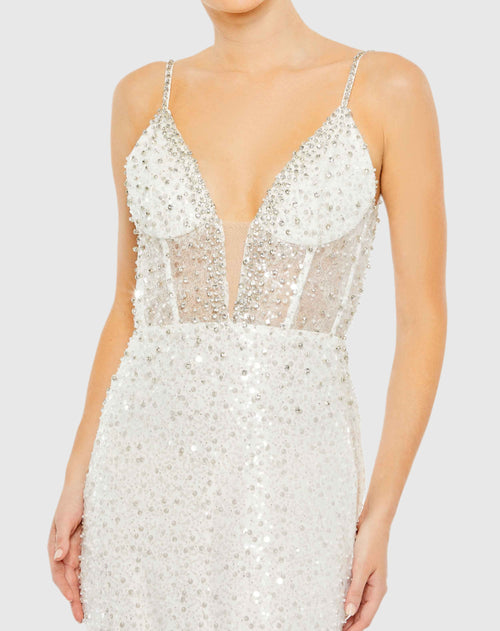 Embellished Plunge Neck Sleeveless Trumpet Gown