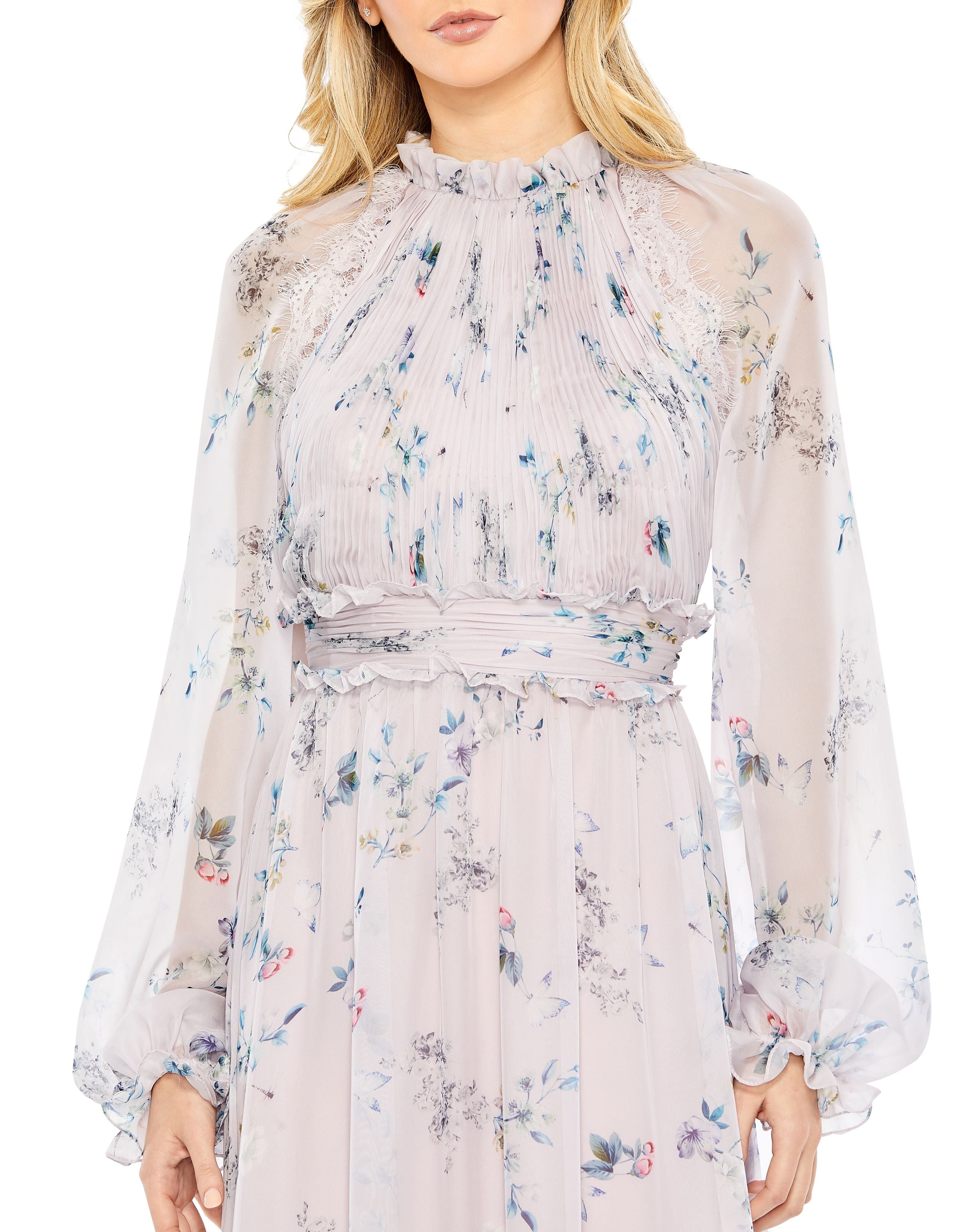 Floral Print Ruched Raglan Sleeve Tiered Gown
