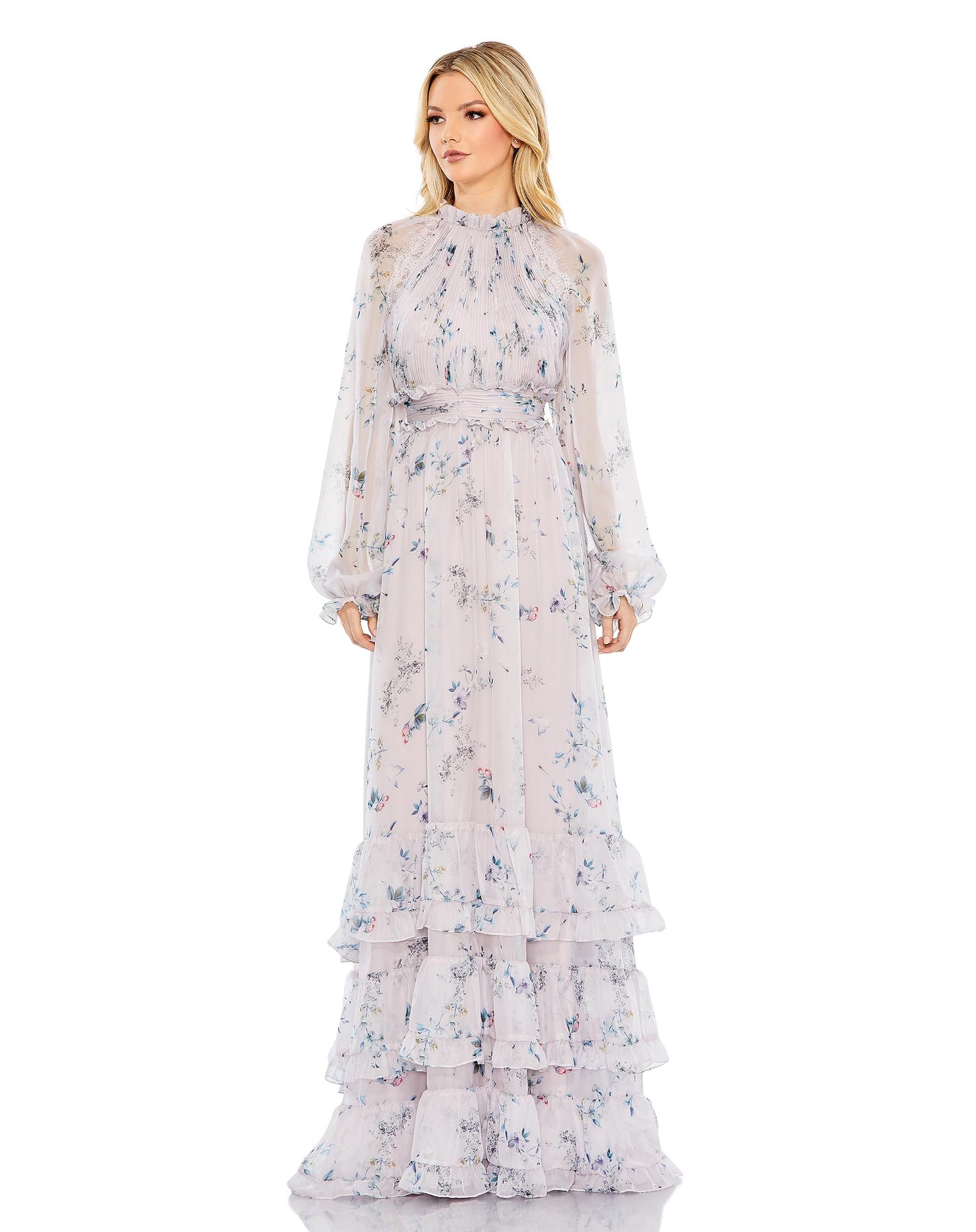 Floral Print Ruched Raglan Sleeve Tiered Dress – Mac Duggal