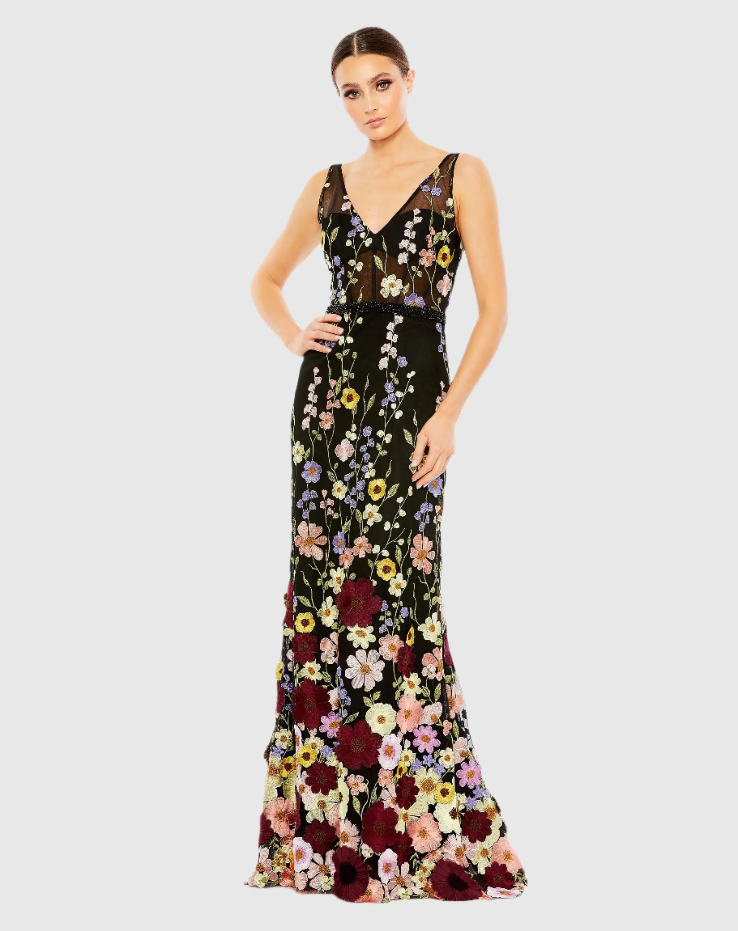 Black Embroidered Tulle Sleeveless V Neck A Line Gown - Mac Duggal