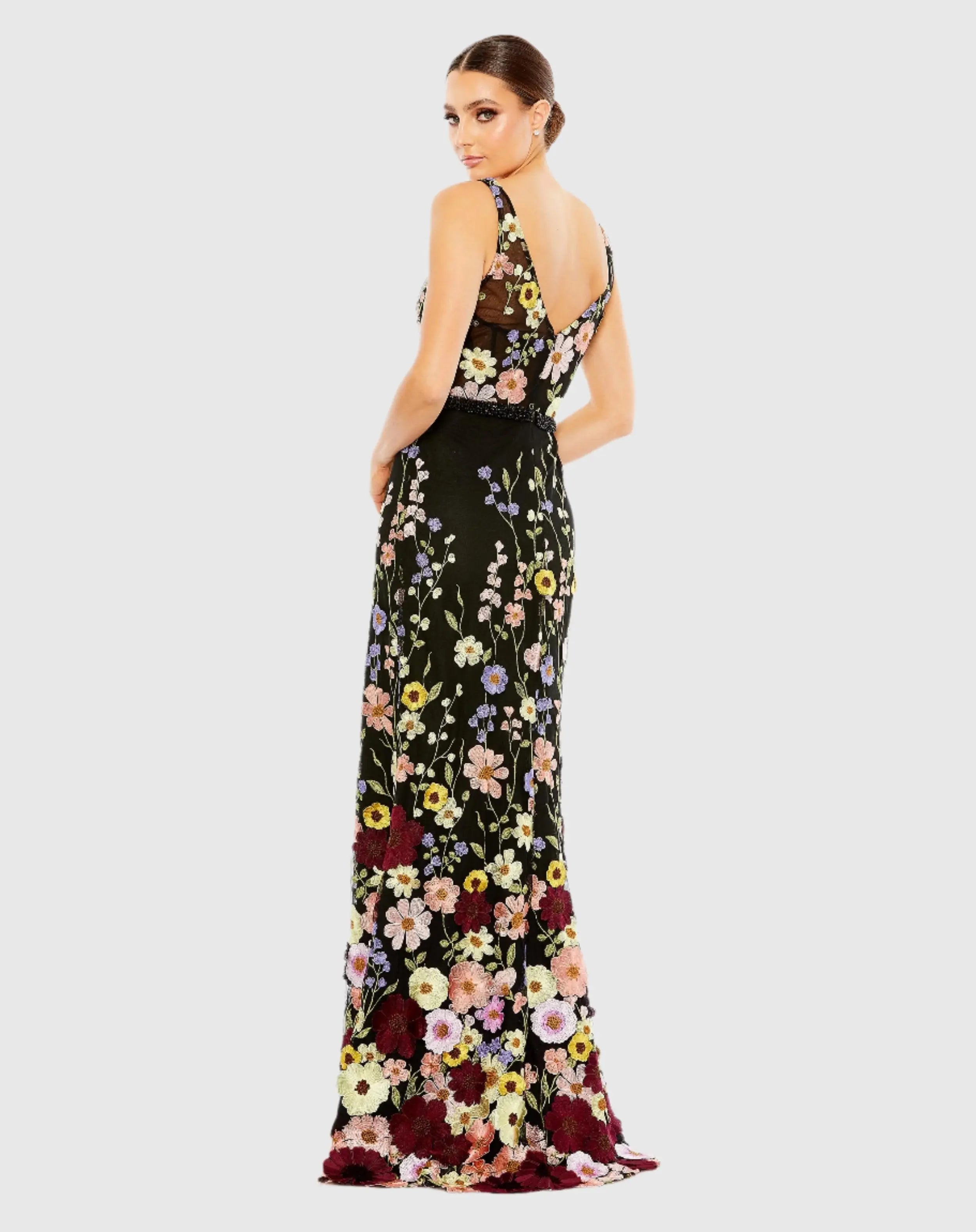 Black Embroidered Tulle Sleeveless V Neck A Line Gown - Mac Duggal