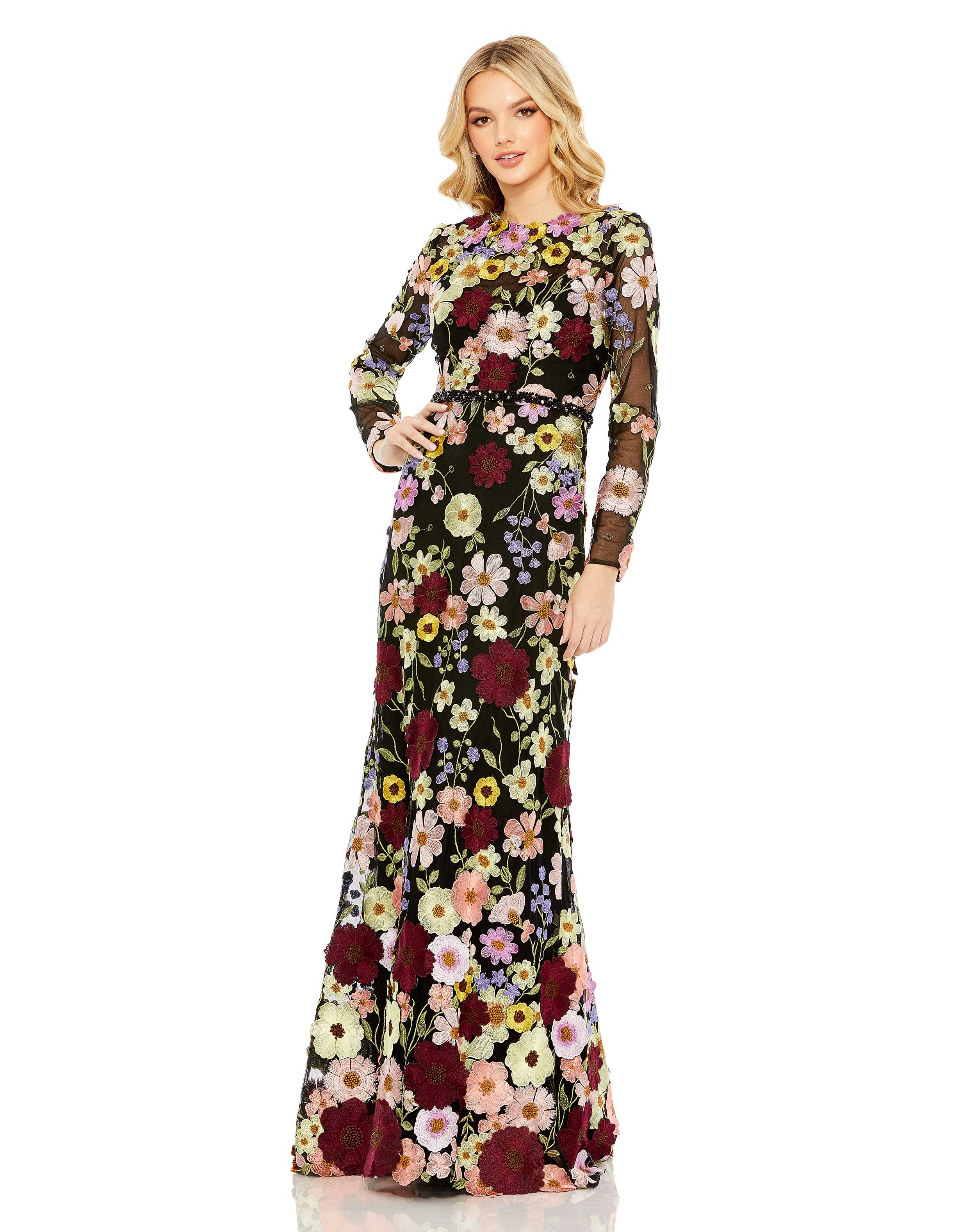 Embroidered Applique High Neck Long Sleeve Trumpet Gown