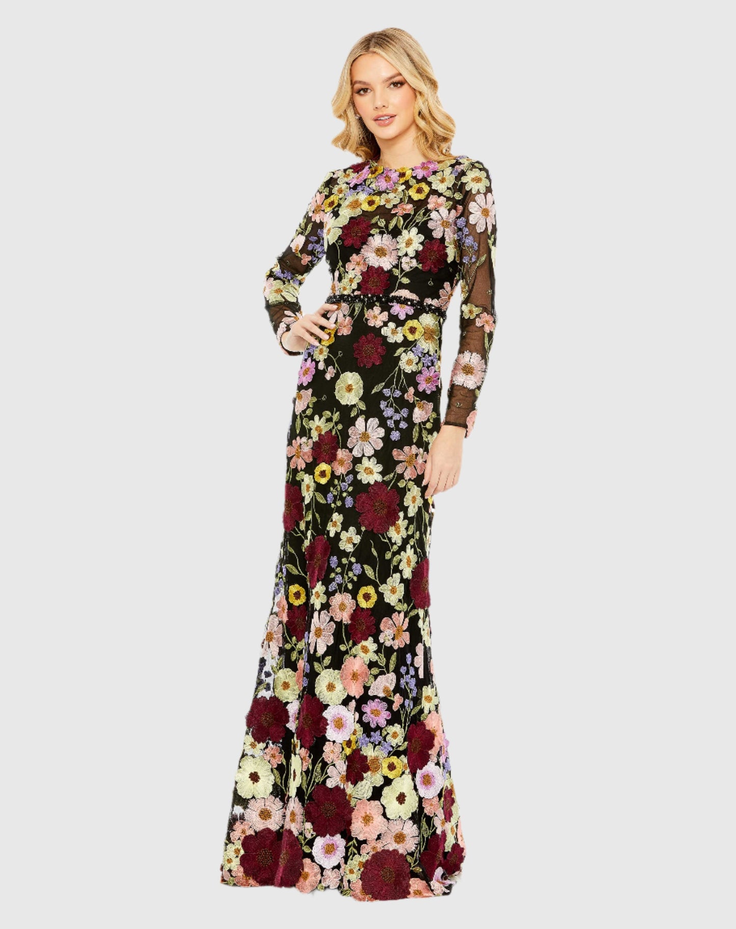 Embroidered Applique High Neck Long Sleeve Trumpet Gown