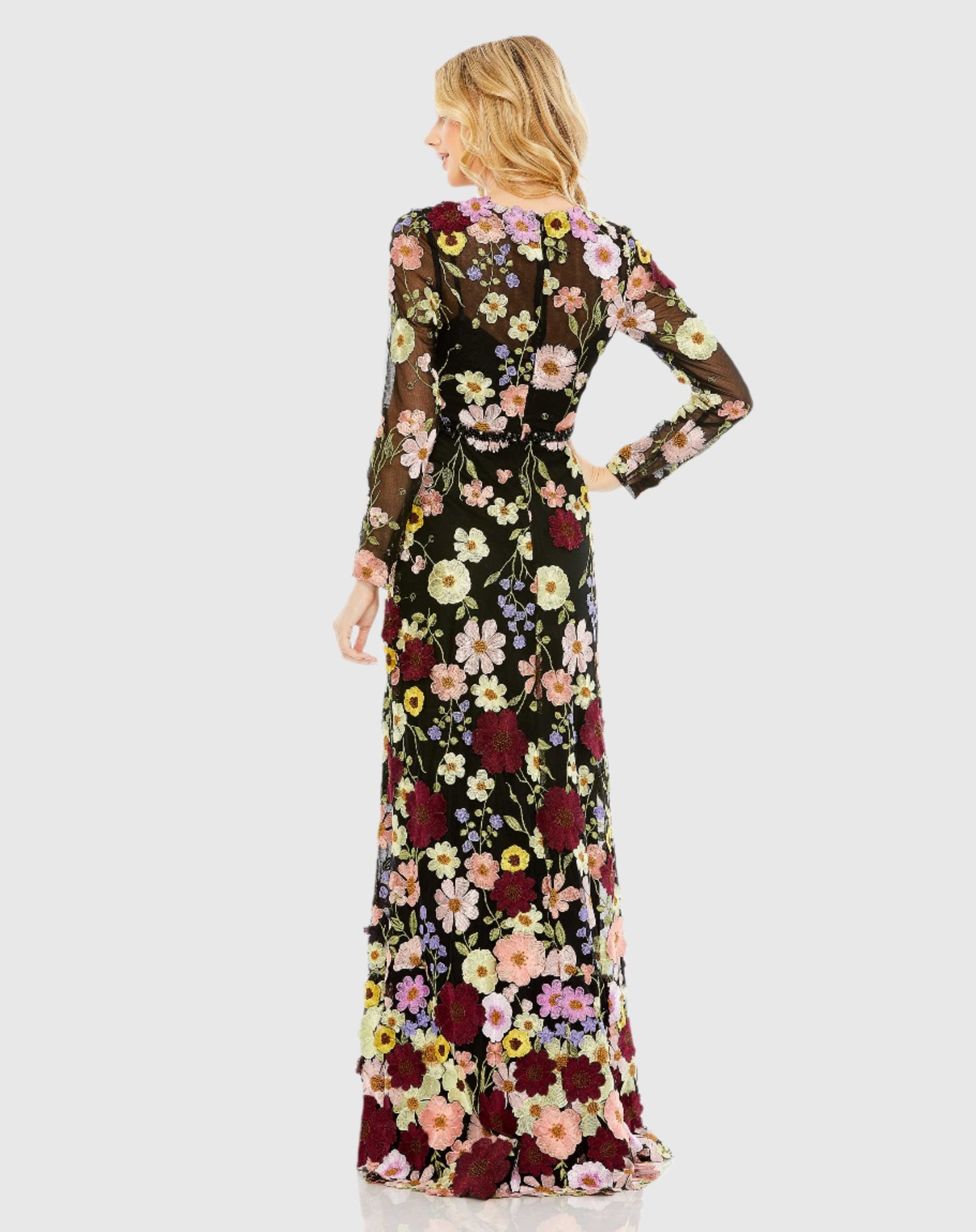 Embroidered Applique High Neck Long Sleeve Trumpet Gown