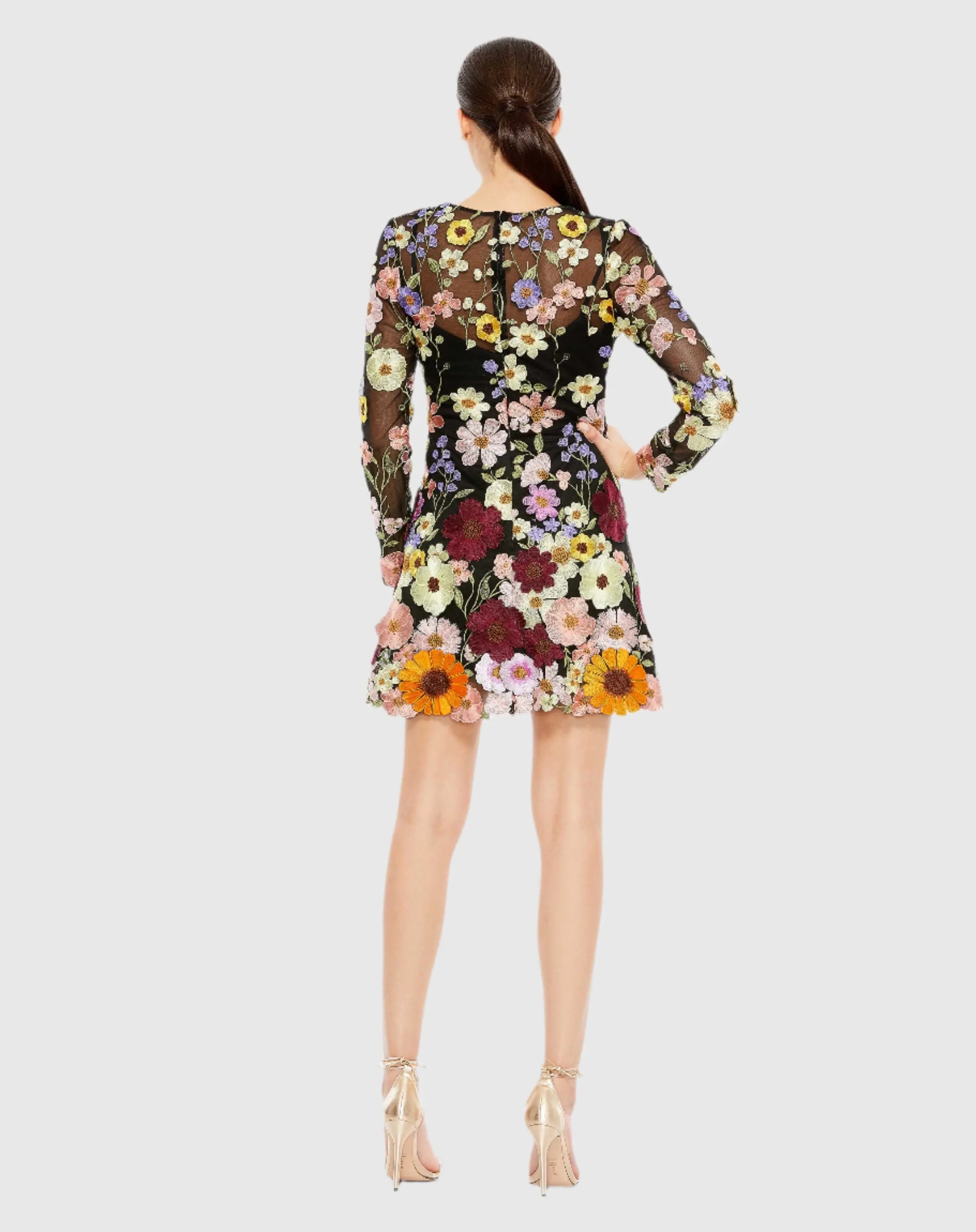 Floral Embroidered Long Sleeve Mini Dress - Mac Duggal Floral Embroidered Long Sleeve Mini Dress - Mac Duggal