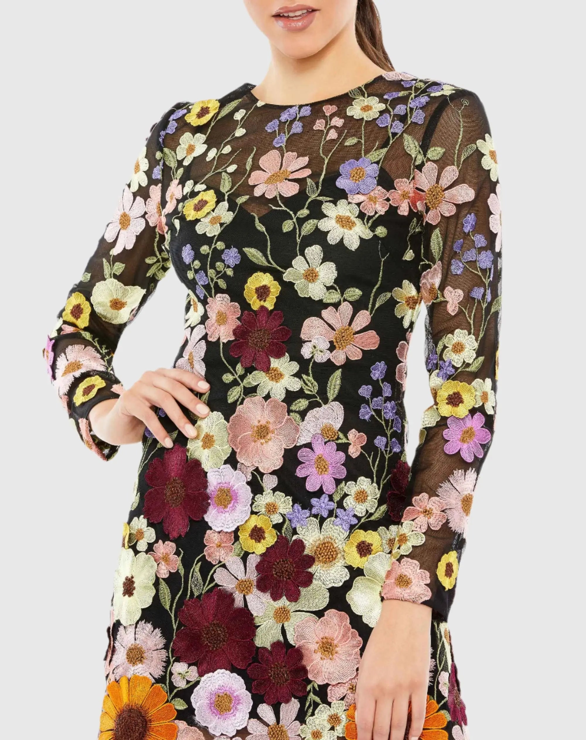 Floral Embroidered Long Sleeve Mini Dress - Mac Duggal Floral Embroidered Long Sleeve Mini Dress - Mac Duggal