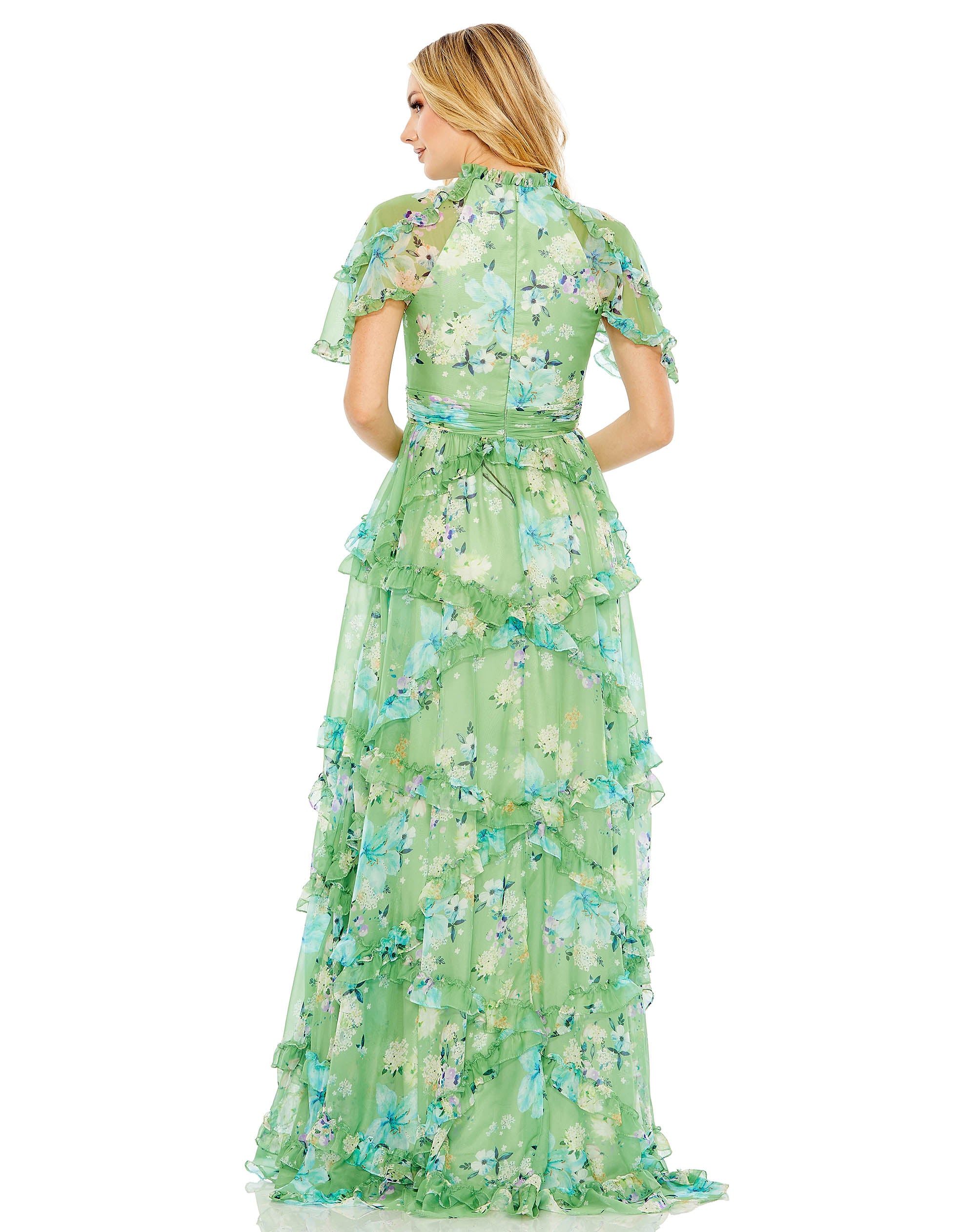 Floral Print Chiffon Cascading Ruffle Raglan Gown