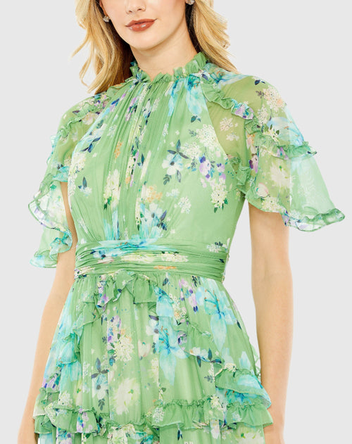 Floral Print Chiffon Cascading Ruffle Raglan Gown