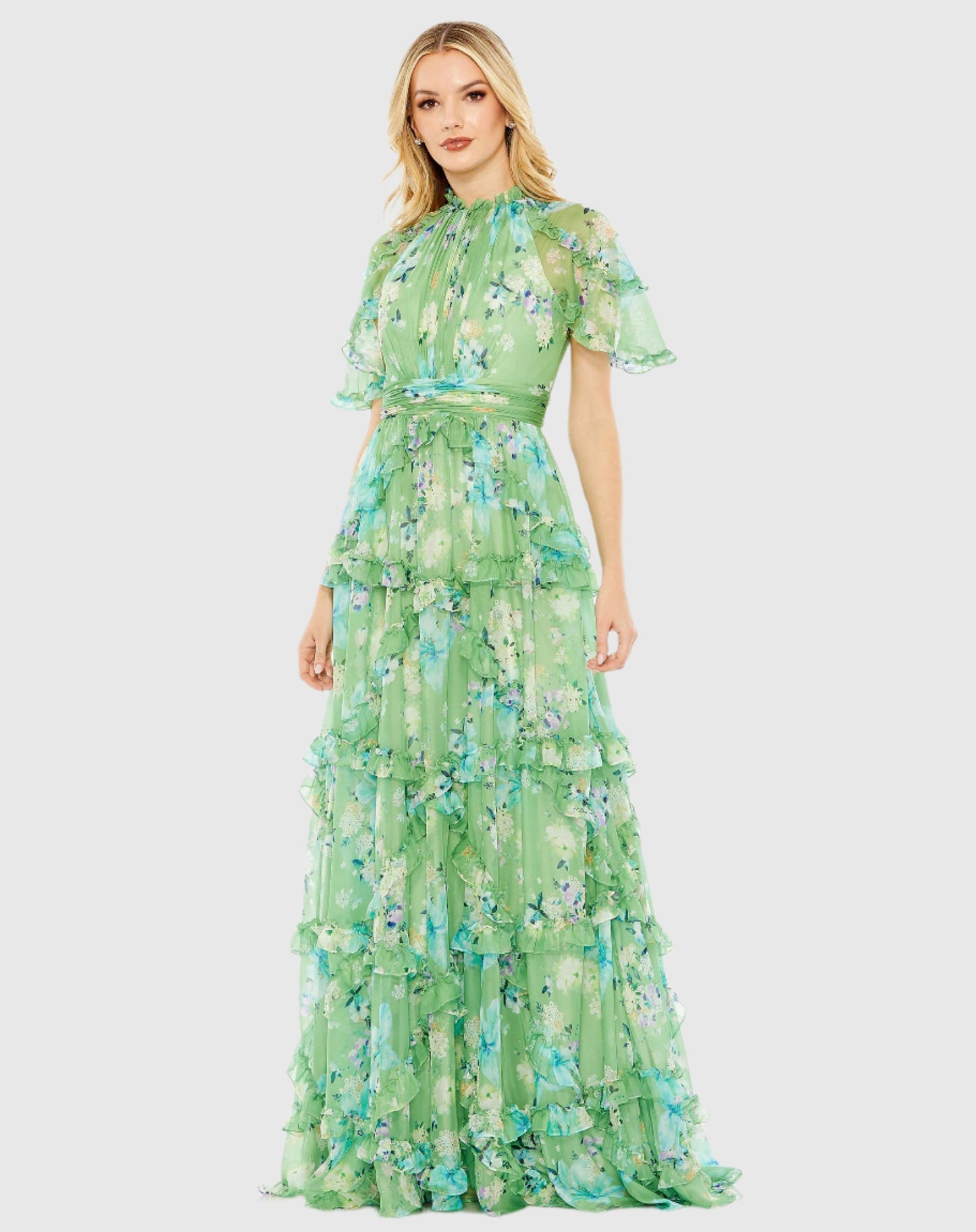 Vestido raglán con volantes en cascada y gasa con estampado floral 