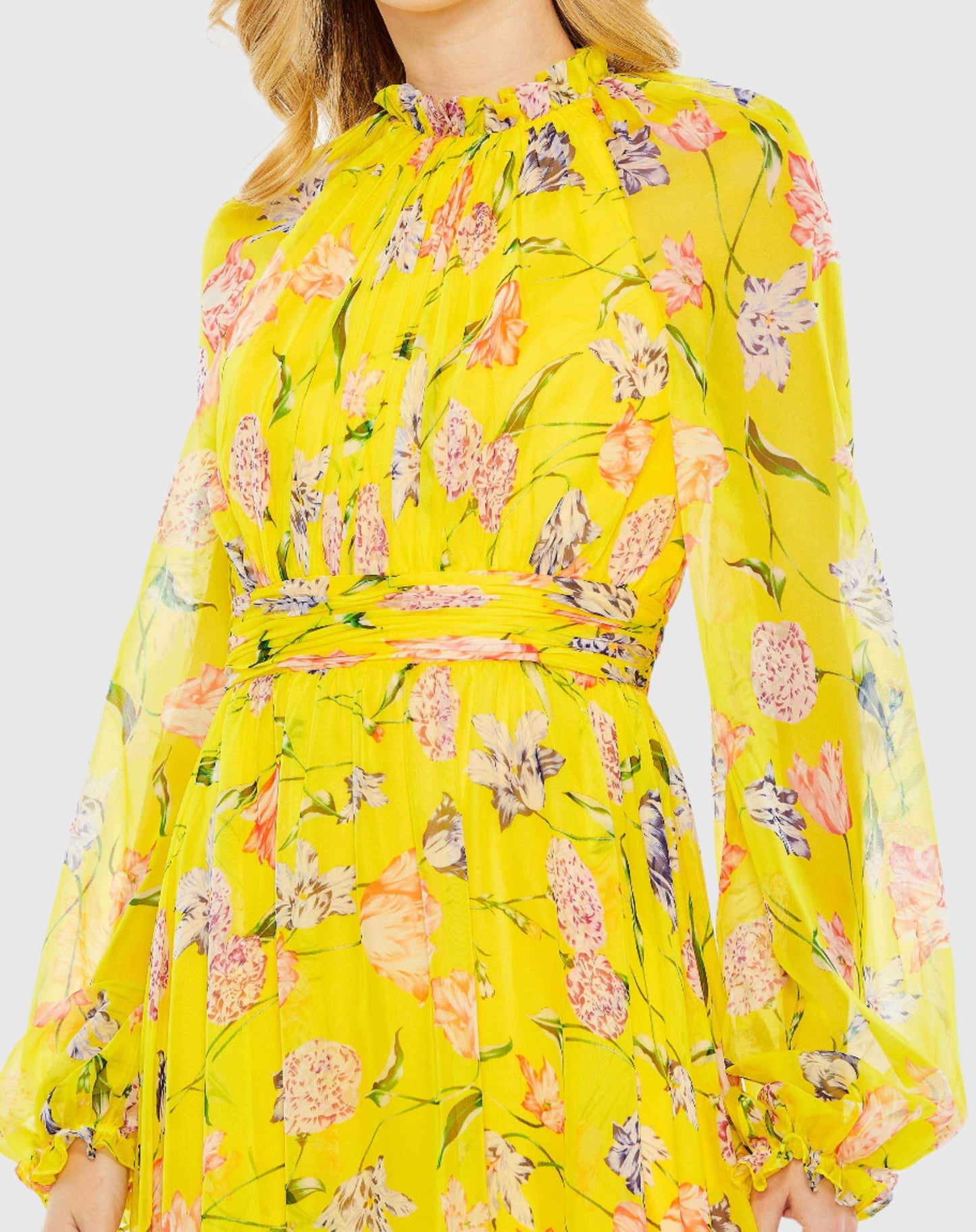 Floral Print Chiffon Ruched Raglan Sleeve Gown